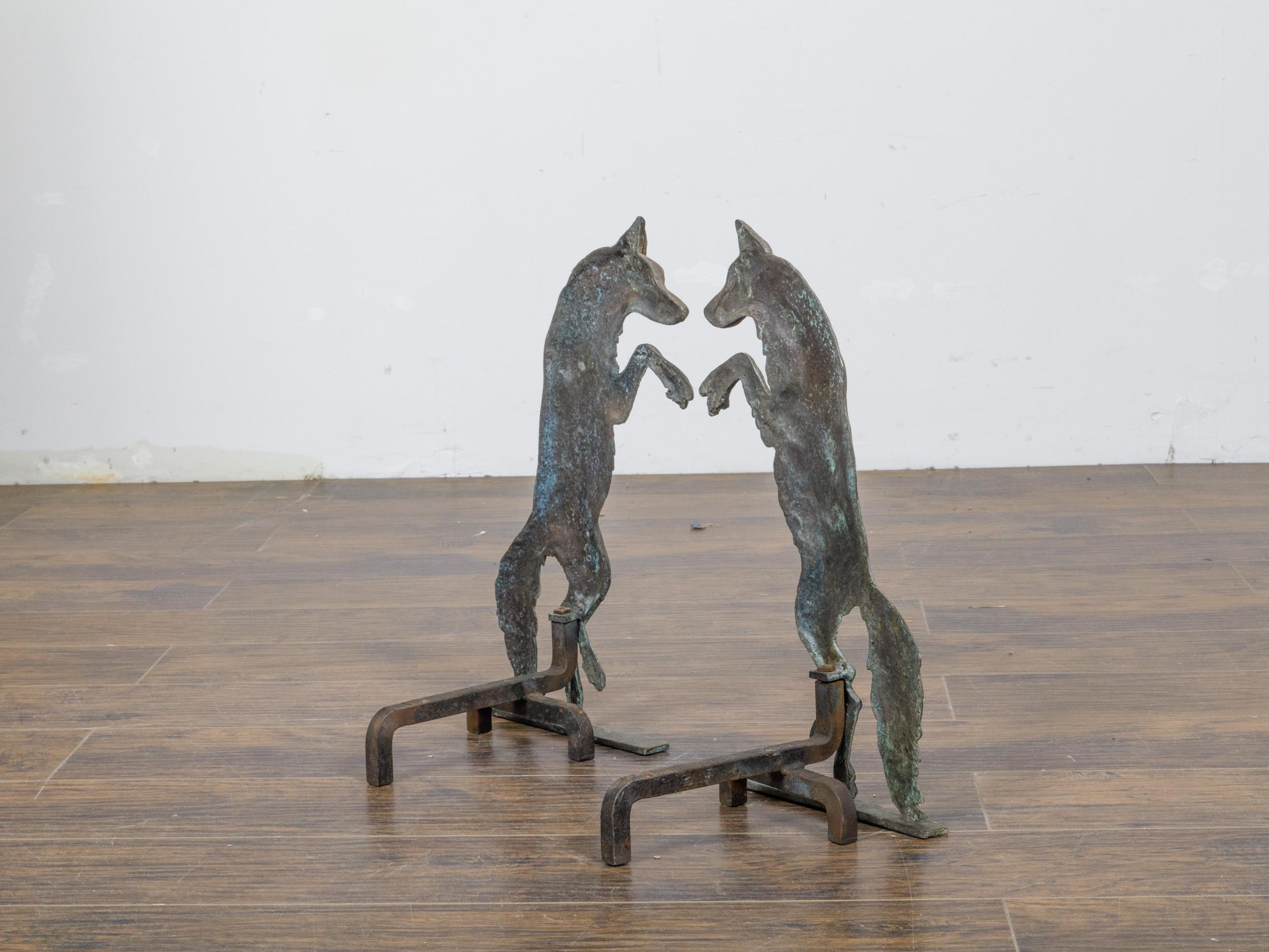 20th Century Pair of 1900s Turn of the Century American Bronze Wolves Andirons For Sale
