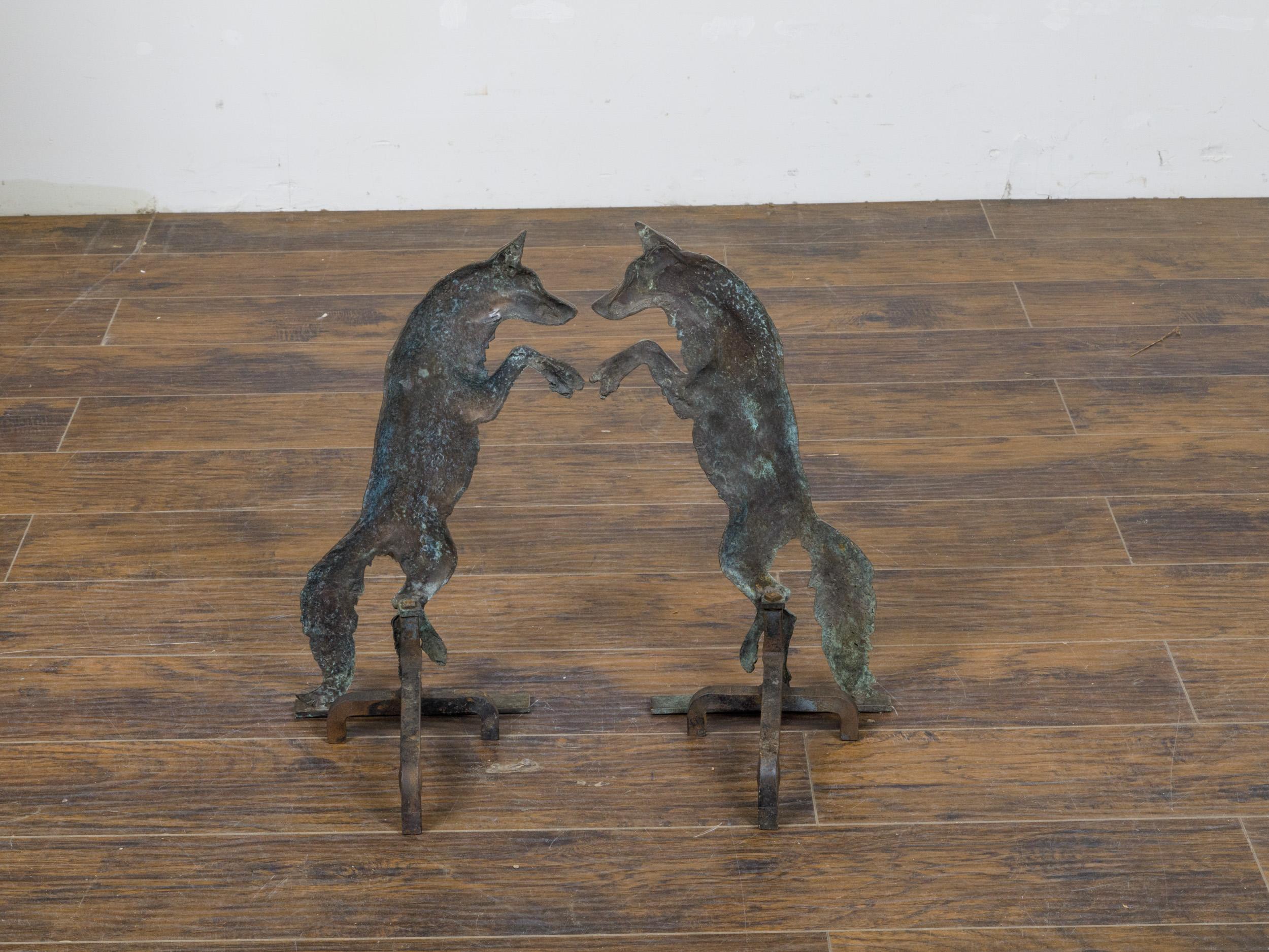 Pair of 1900s Turn of the Century American Bronze Wolves Andirons For Sale 2
