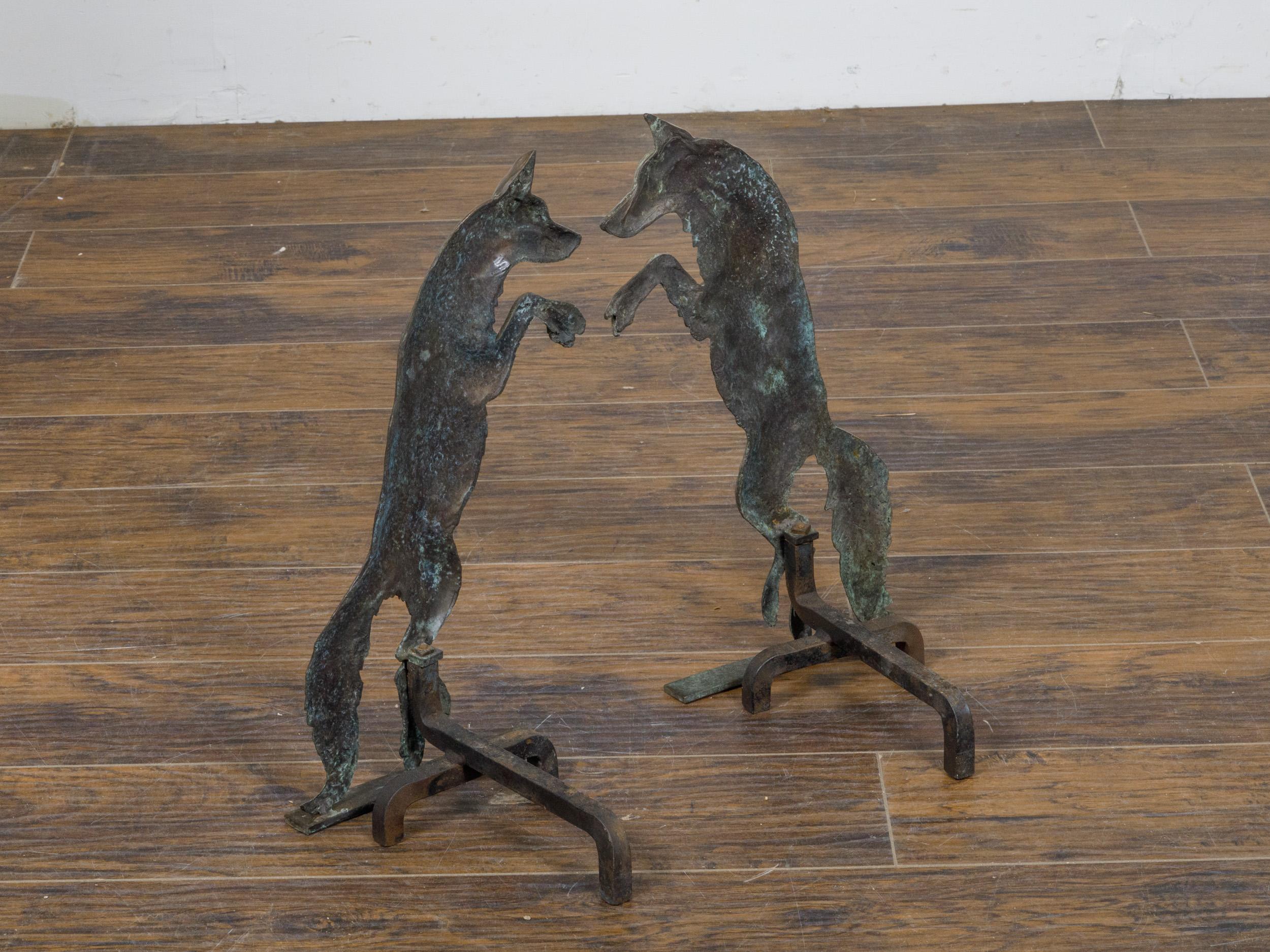 Pair of 1900s Turn of the Century American Bronze Wolves Andirons For Sale 3