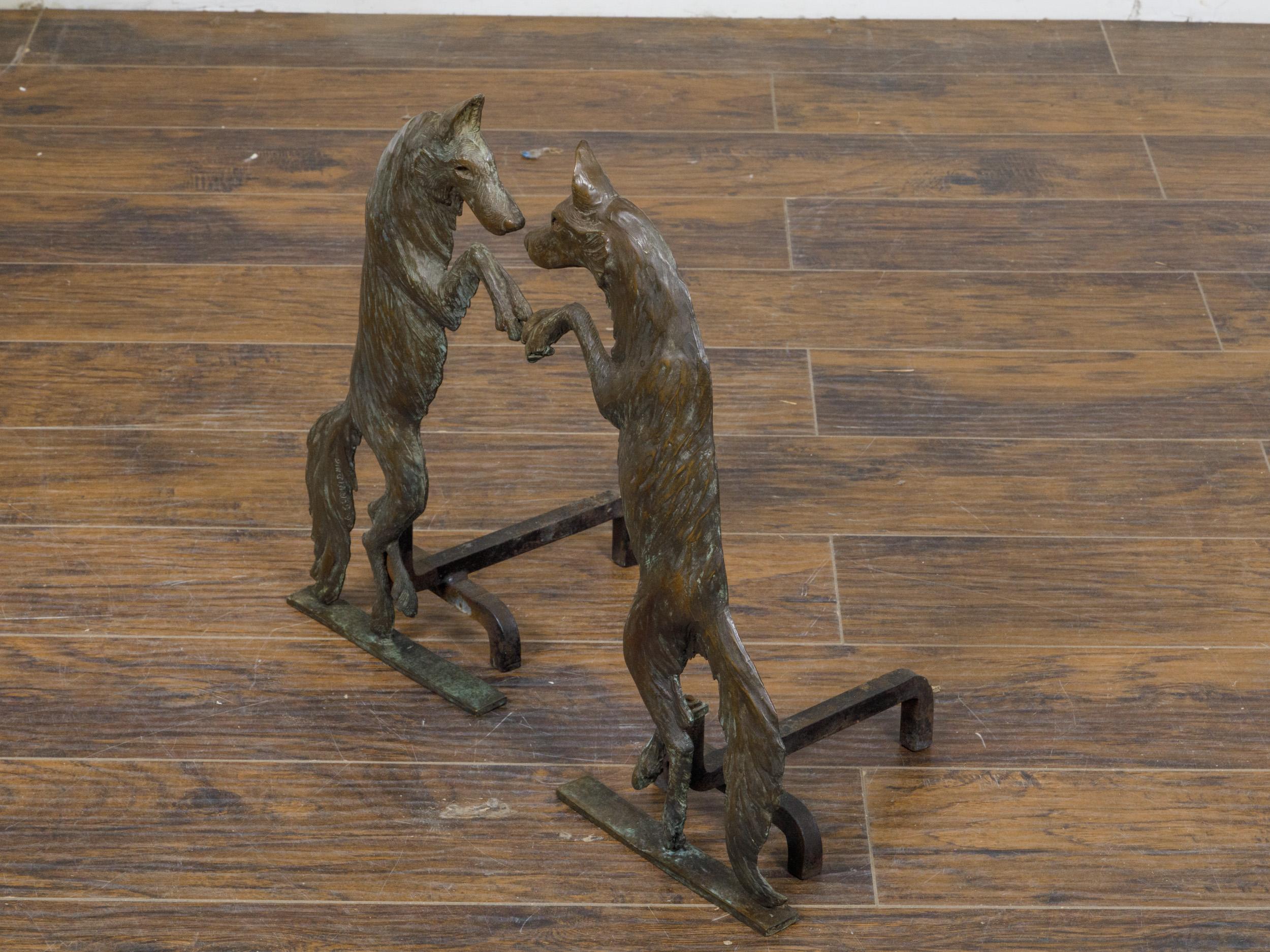 Pair of 1900s Turn of the Century American Bronze Wolves Andirons For Sale 5
