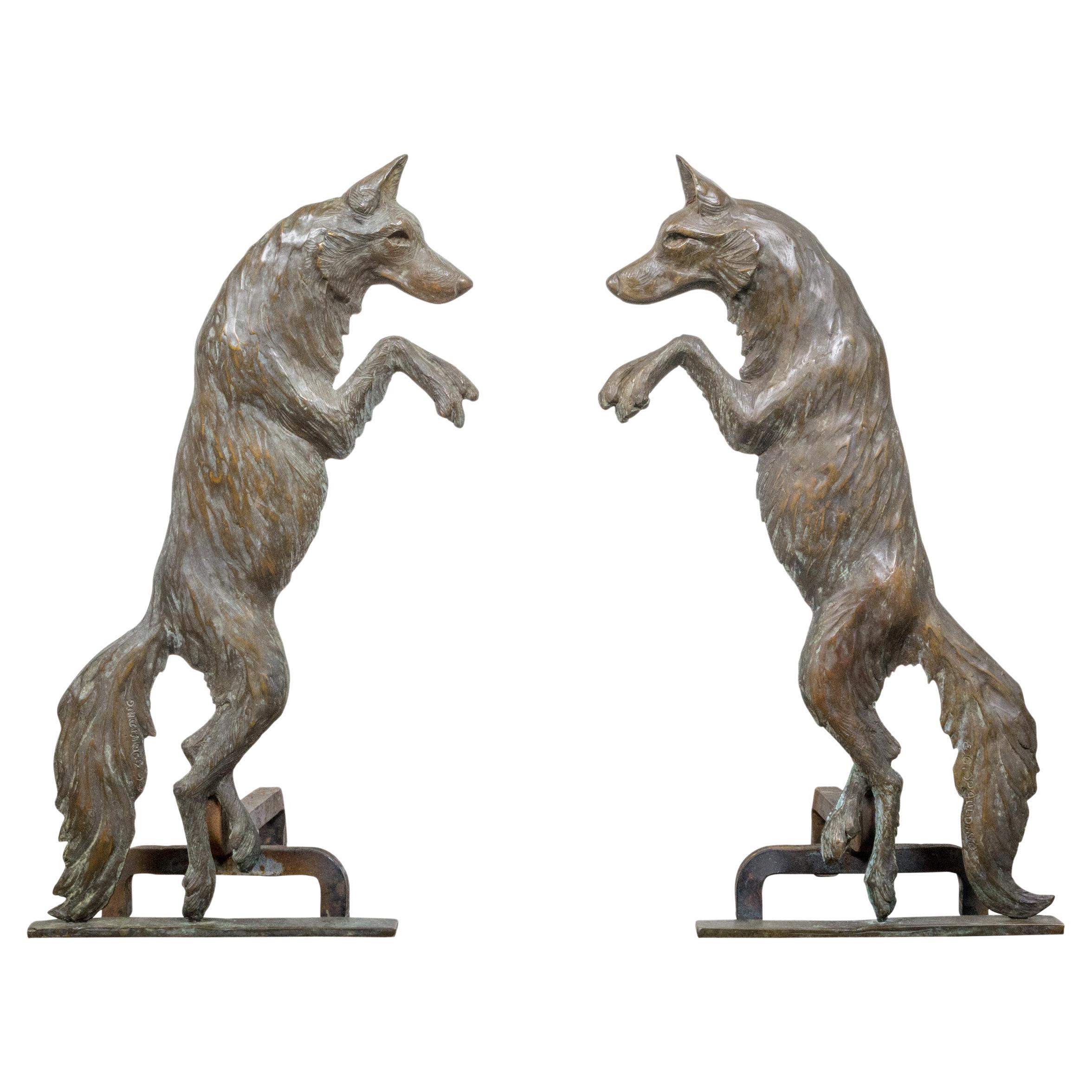 Pair of 1900s Turn of the Century American Bronze Wolves Andirons For Sale