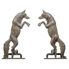 Antique Pair of 1900s Turn of the Century American Bronze Wolves Andirons