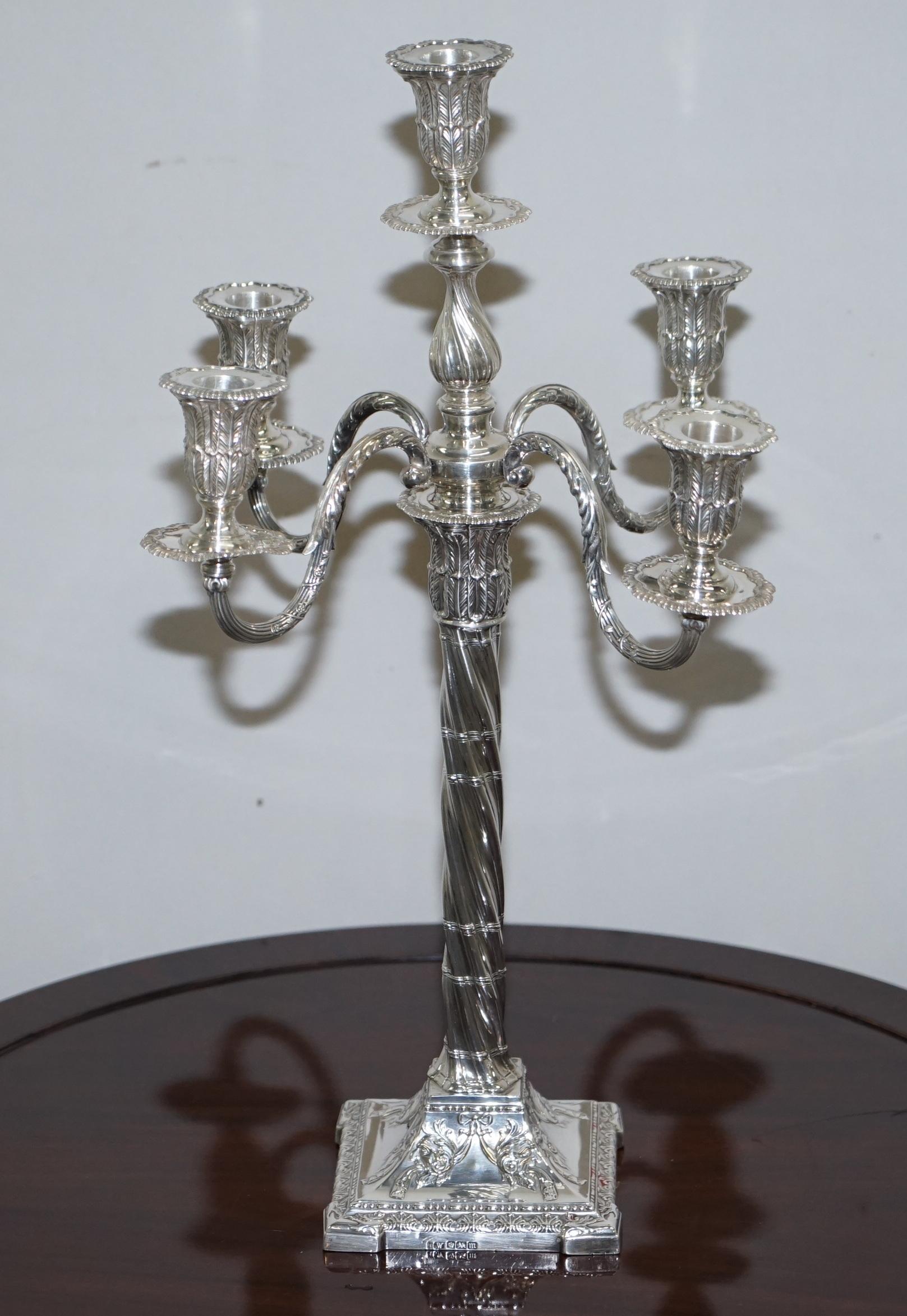 English Pair of 1904 Antique Solid Sterling Silver Henry Wigfull Candelabra Candlesticks