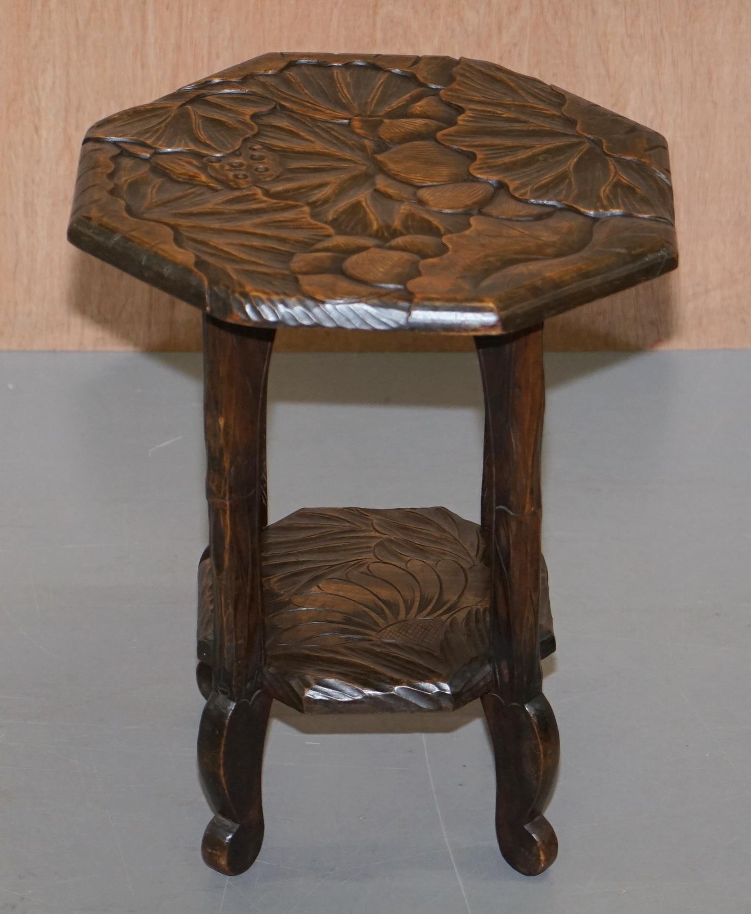 We are delighted to this lovely pair of Liberty’s London 1905 Japanese mahogany side tables

A good looking pair, they are hand carved from top to bottom with floral detailing, I have variations of these types of table and one very rare chair all