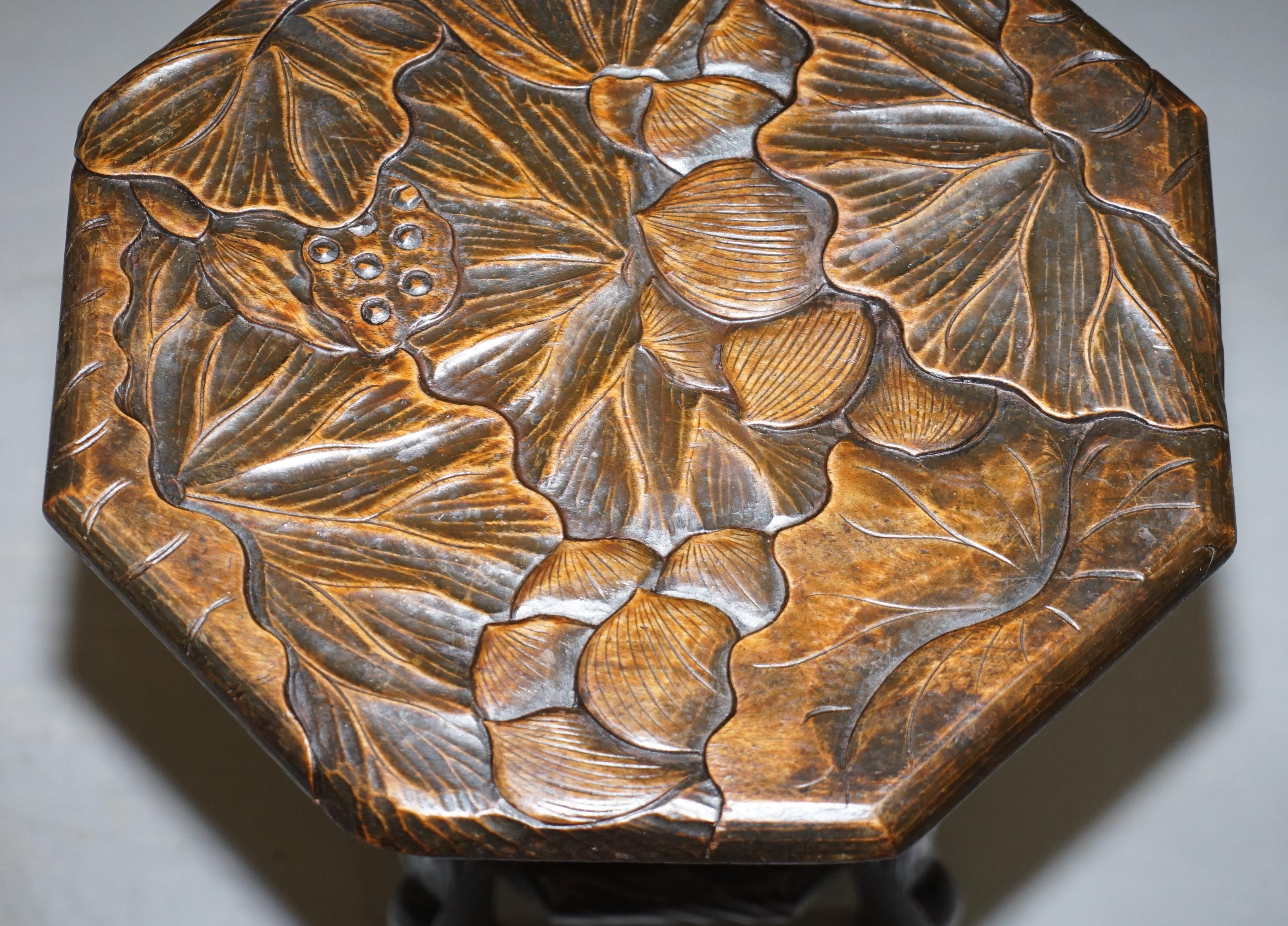 Early 20th Century Pair of 1905 Liberty's London Floral Japanese Carved Side End Lamp Wine Tables