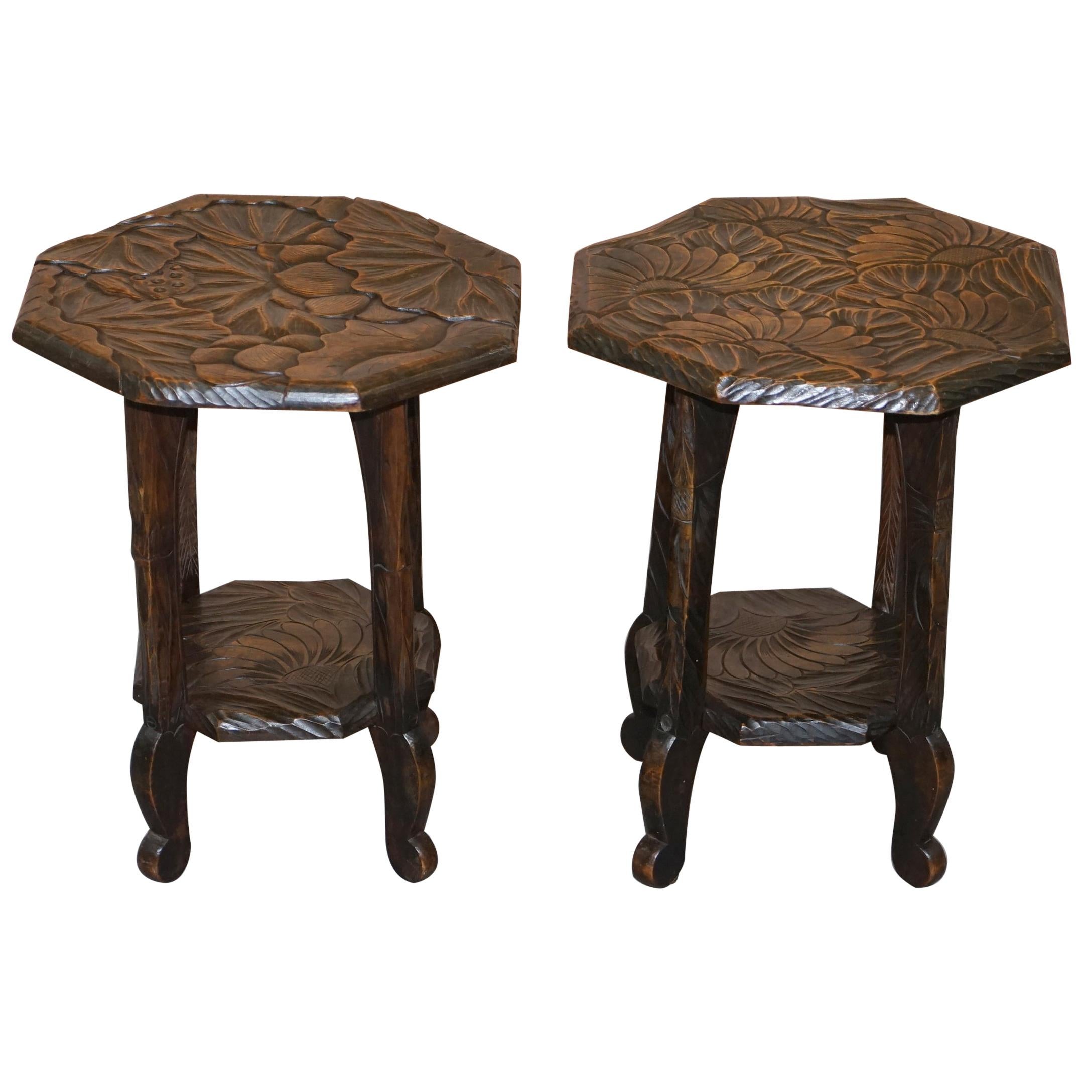 Pair of 1905 Liberty's London Floral Japanese Carved Side End Lamp Wine Tables
