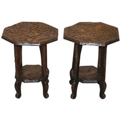 Antique Pair of 1905 Liberty's London Floral Japanese Carved Side End Lamp Wine Tables