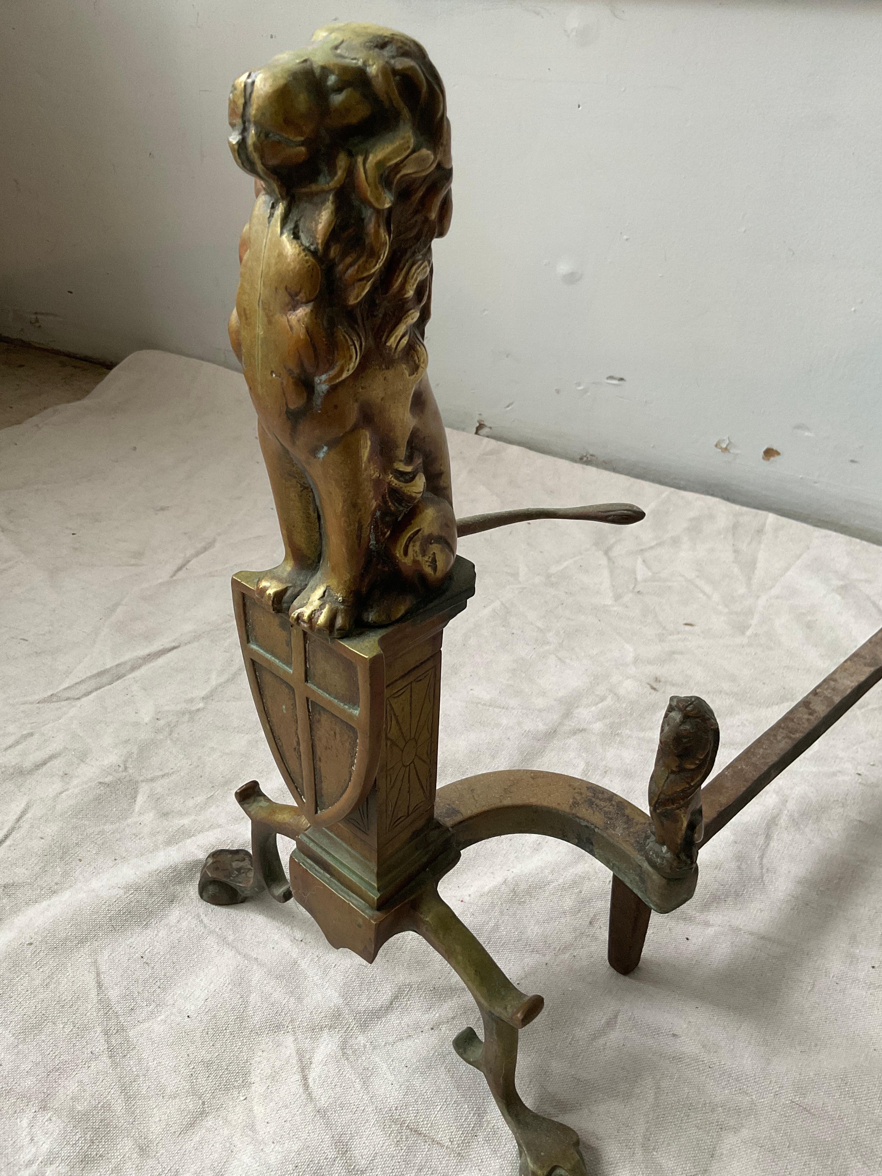 Pair Of 1910 Bronze Lion Andirons For Sale 9