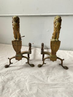 Pair Of 1910 Bronze Lion Andirons