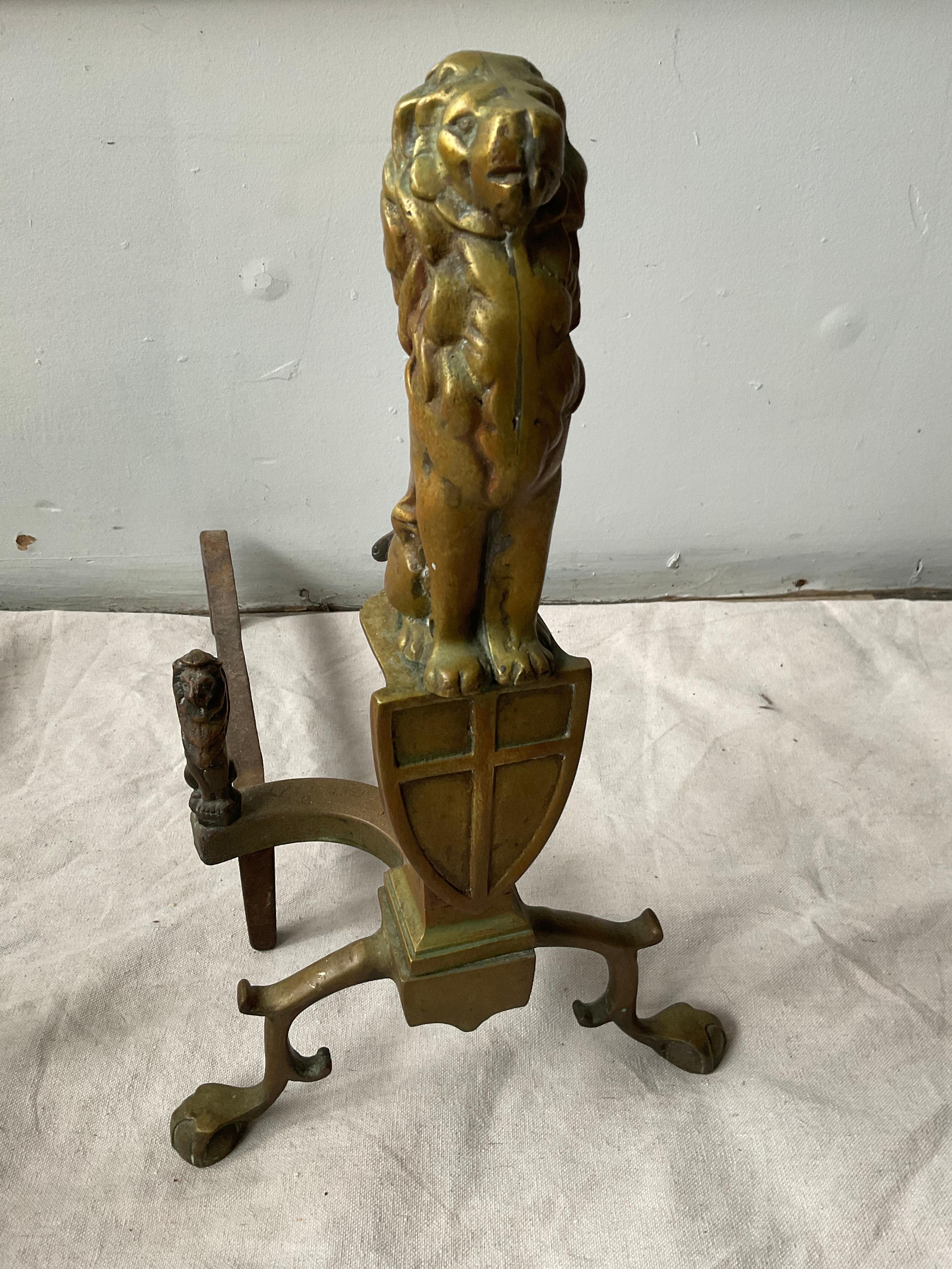 Pair Of 1910 Bronze Lion Andirons In Good Condition For Sale In Tarrytown, NY