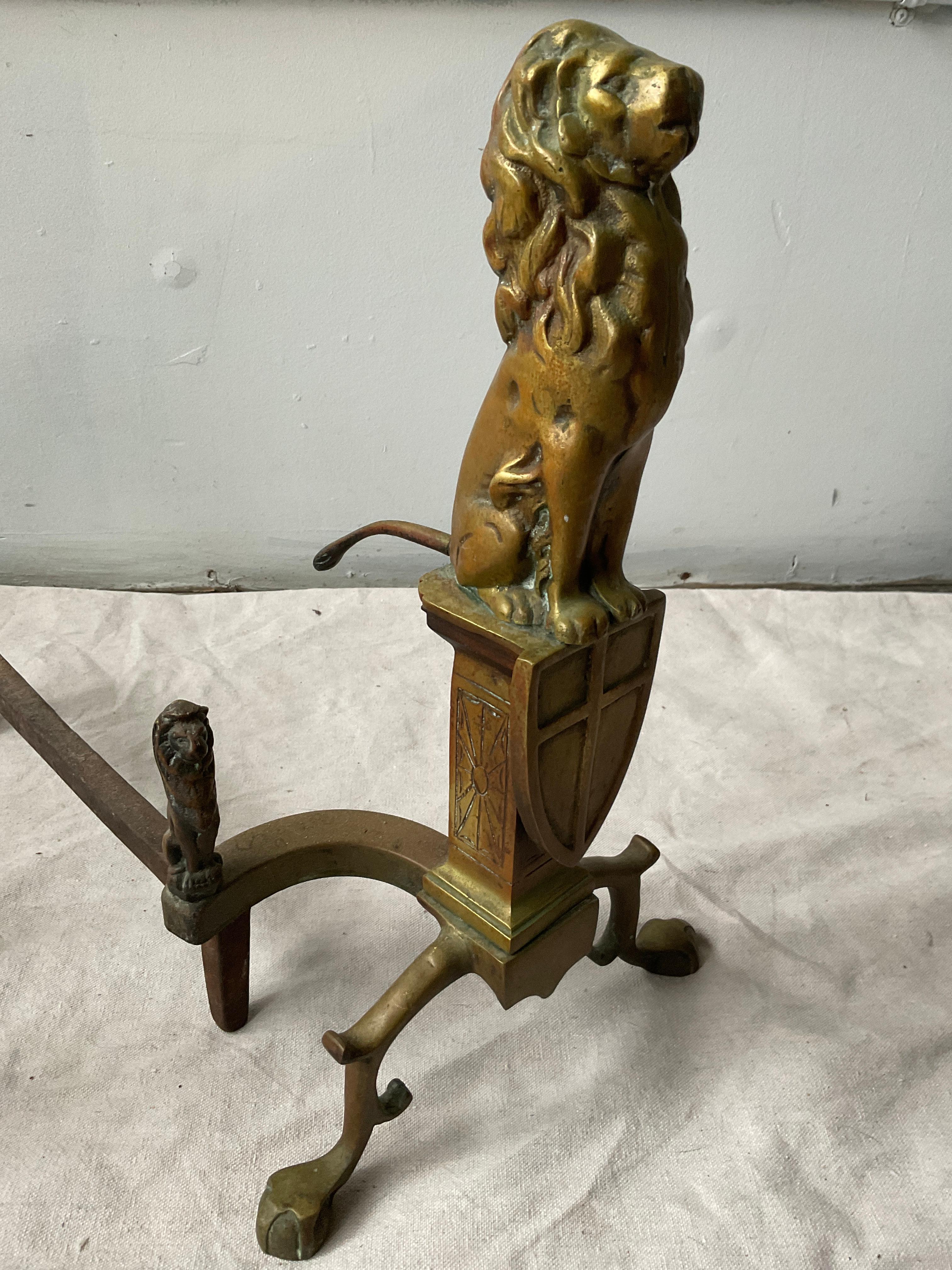 Pair Of 1910 Bronze Lion Andirons For Sale 1