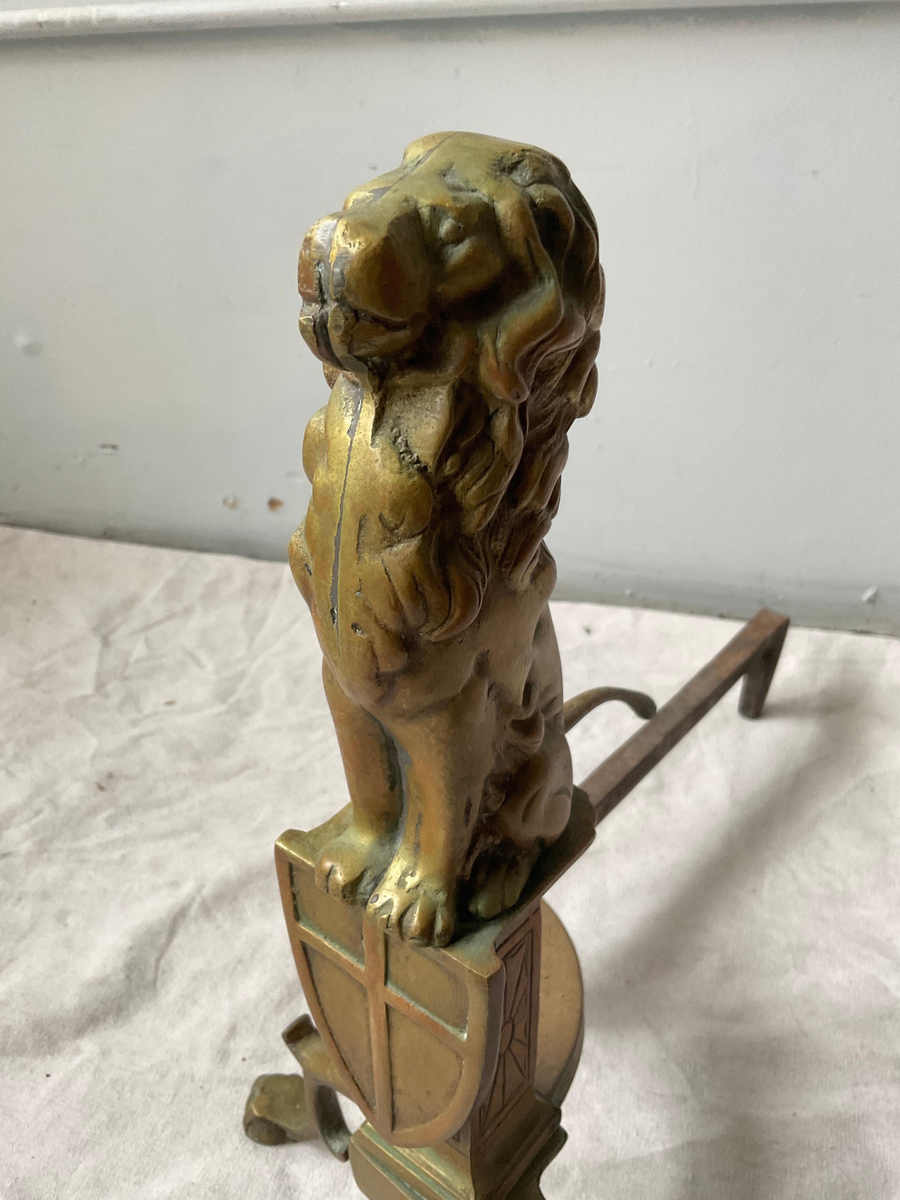Pair Of 1910 Bronze Lion Andirons For Sale 5