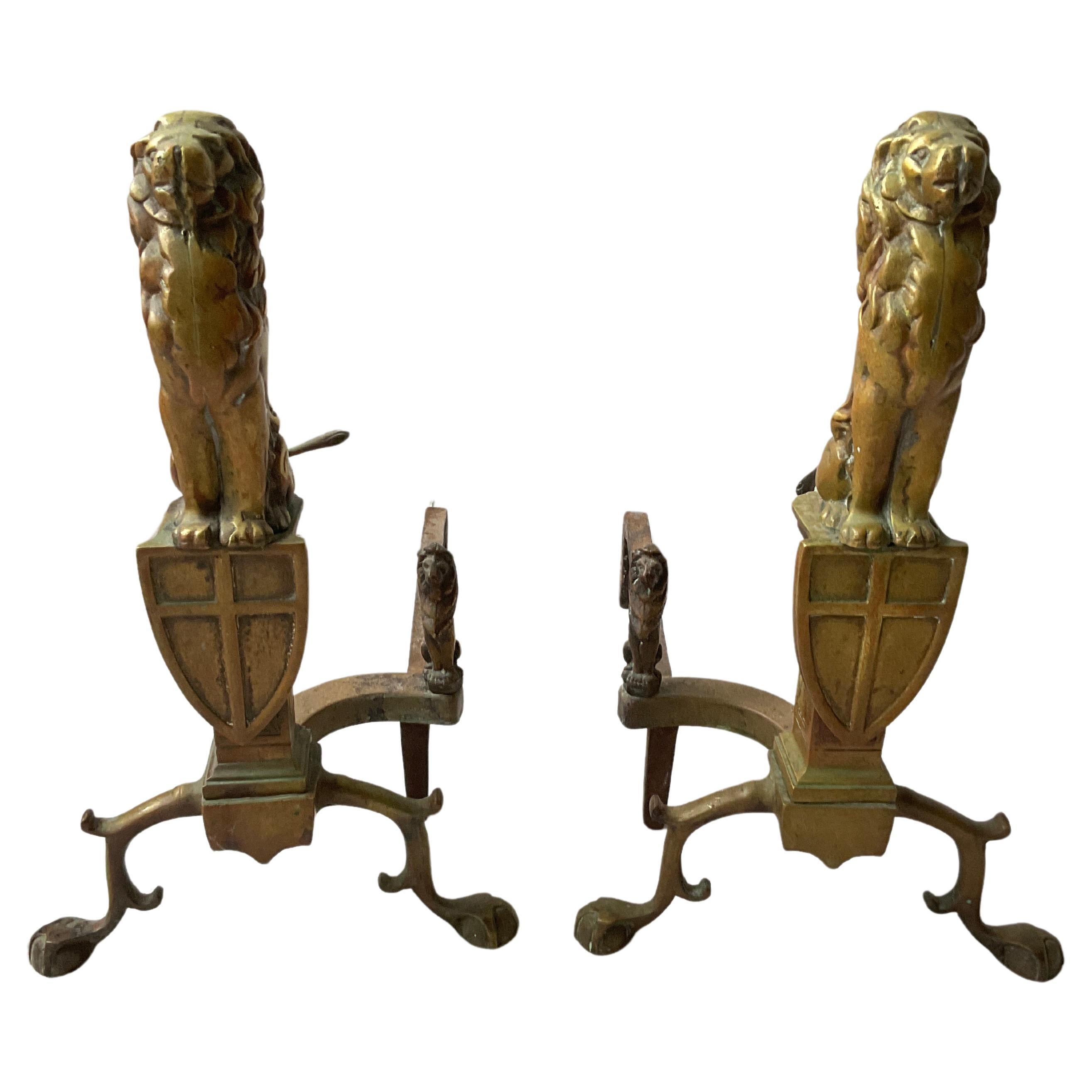 Pair Of 1910 Bronze Lion Andirons