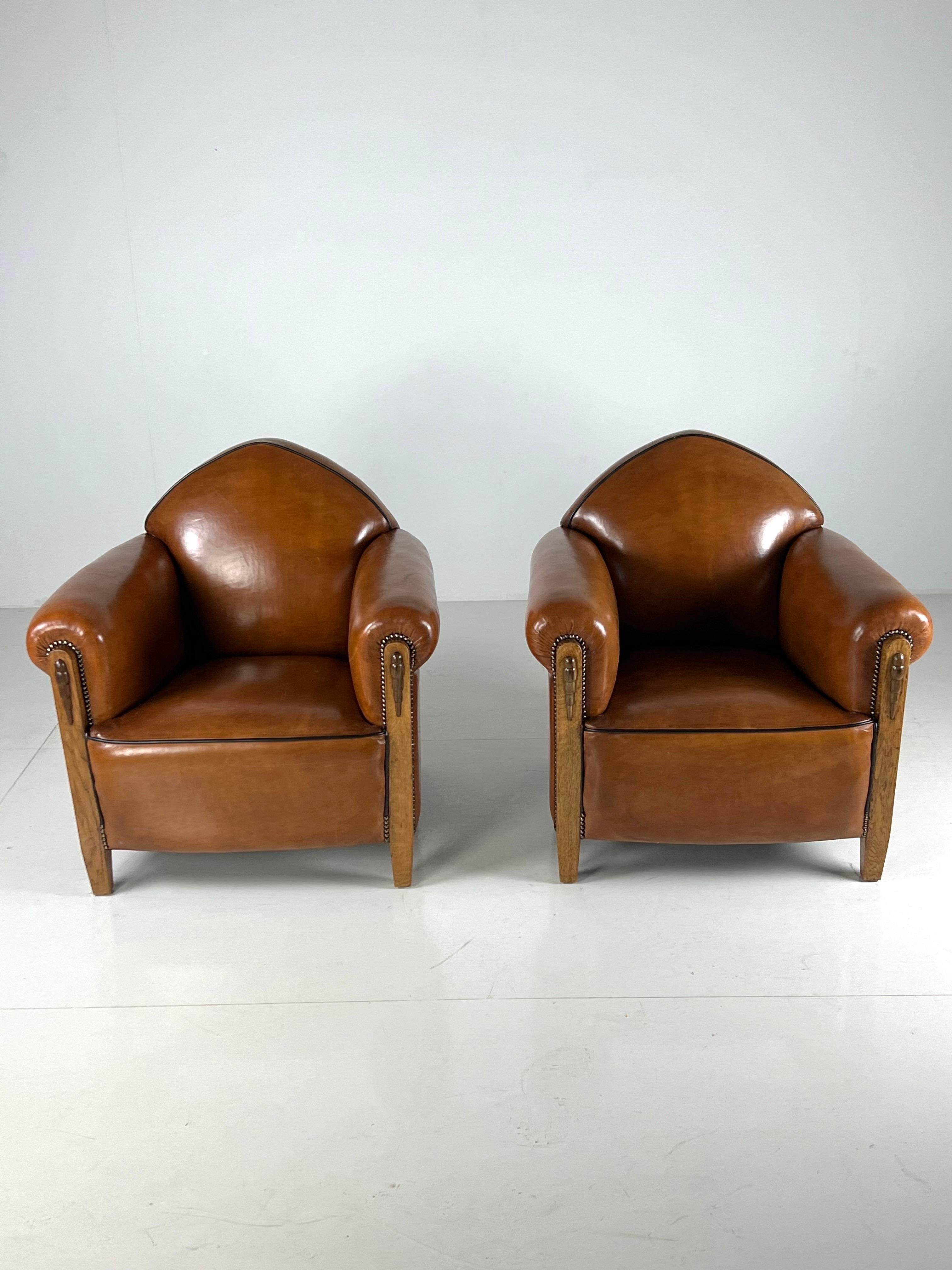 Pareja de sillones club de piel de oveja Art Decó de 1920 en venta 10