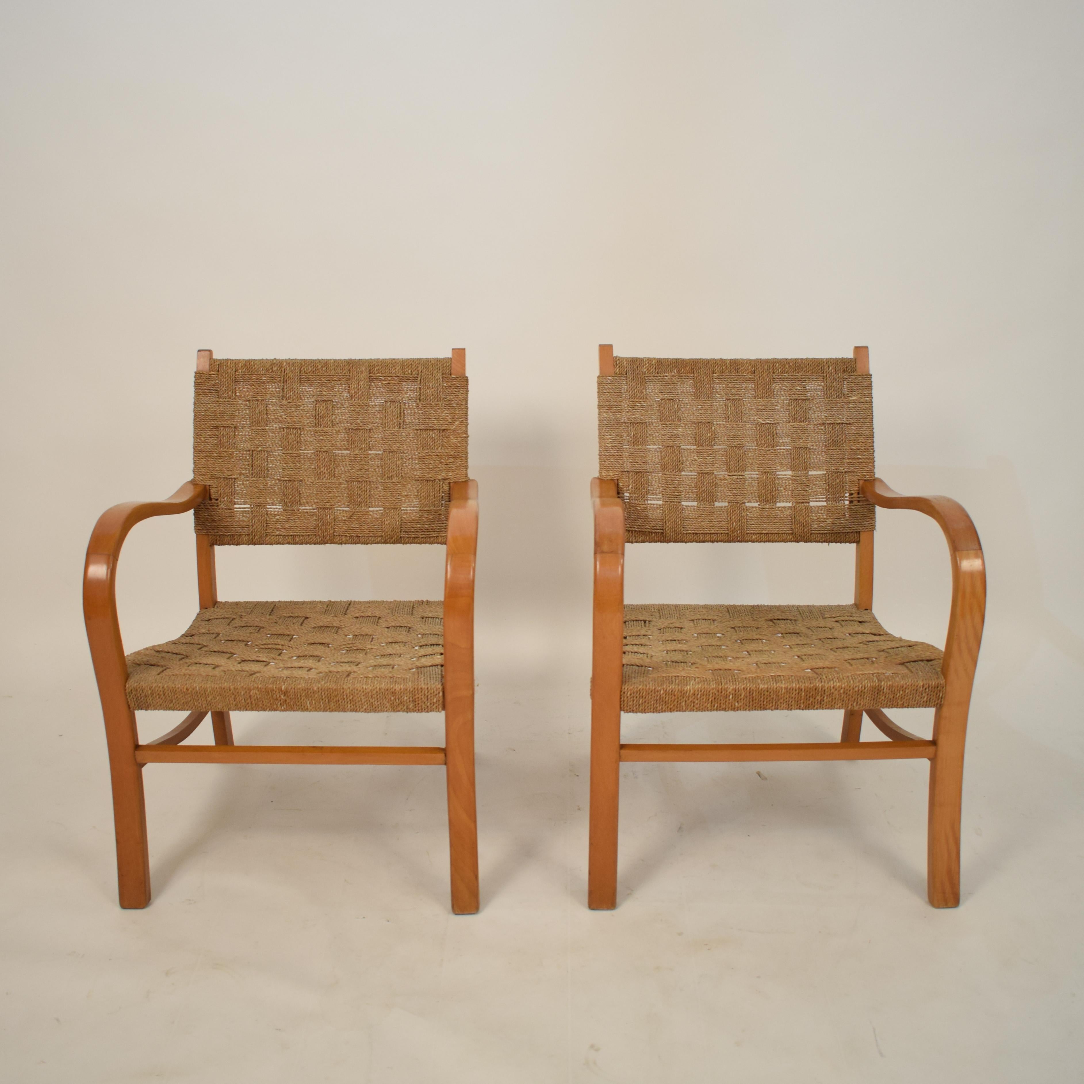 Pair of 1920 Bauhaus Beech and Woven Rope / Cane Armchairs by Erich Dieckmann 4