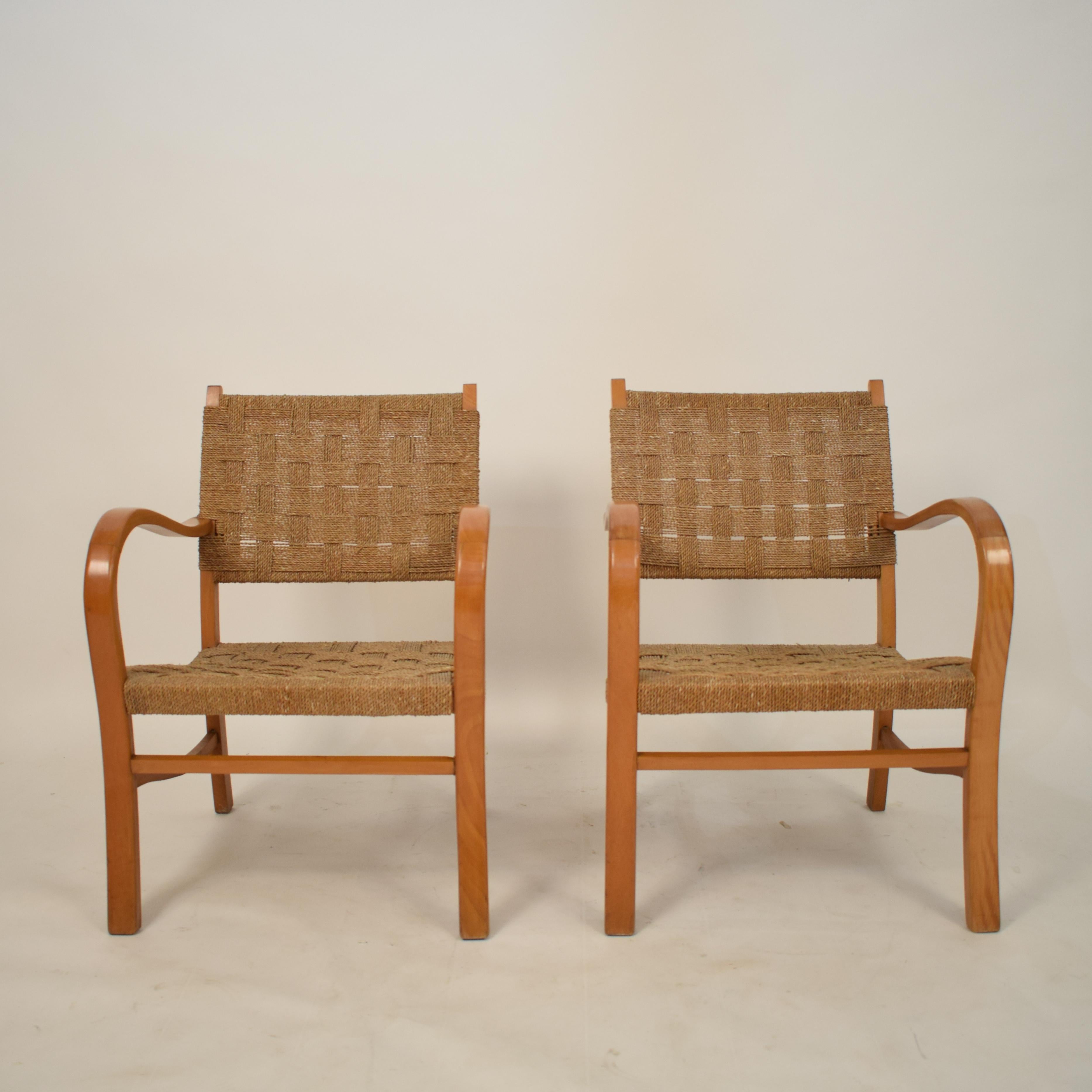 German Pair of 1920 Bauhaus Beech and Woven Rope / Cane Armchairs by Erich Dieckmann