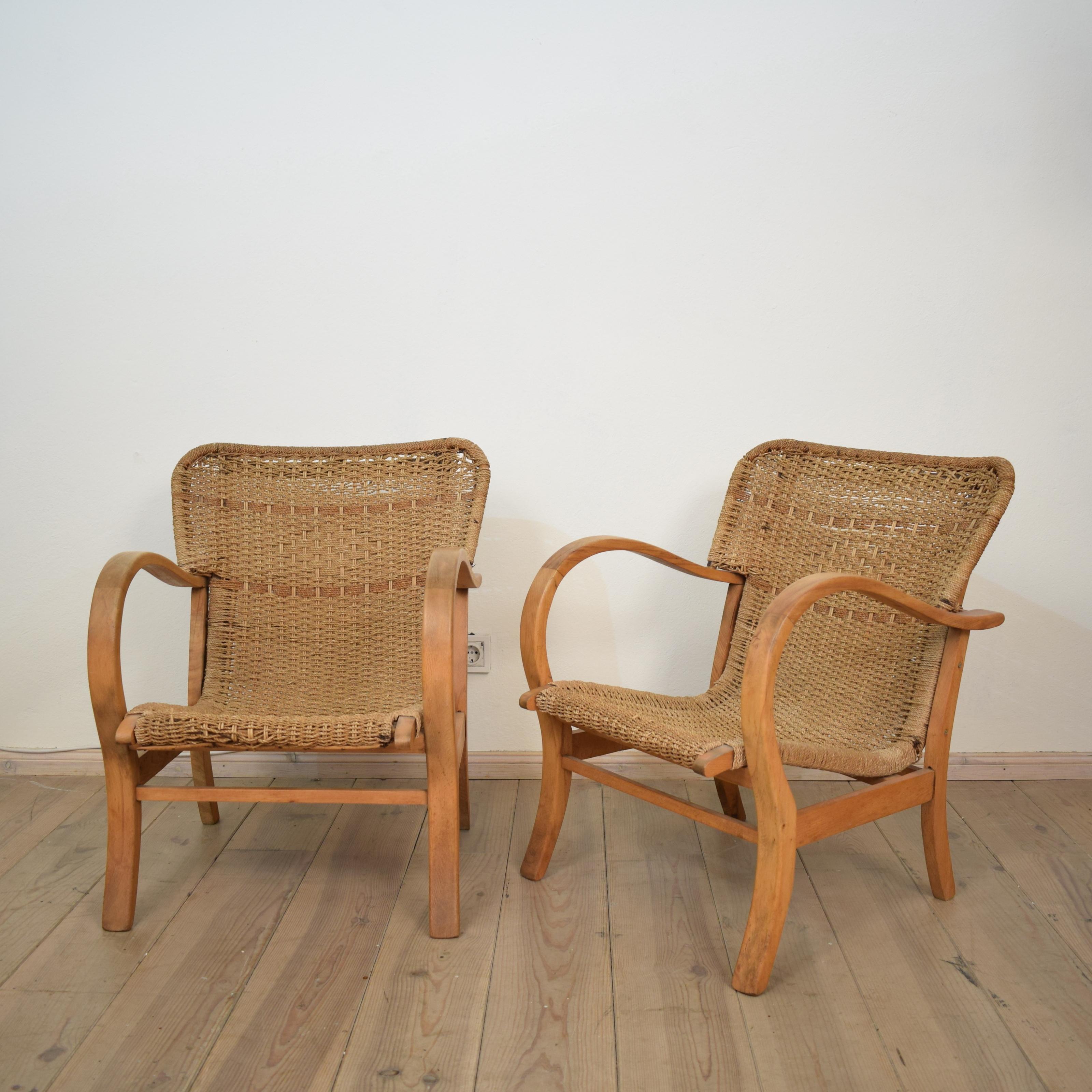 Hand-Woven Pair of 1920 Bauhaus Beech and Woven Rope / Cane Armchairs by Erich Dieckmann