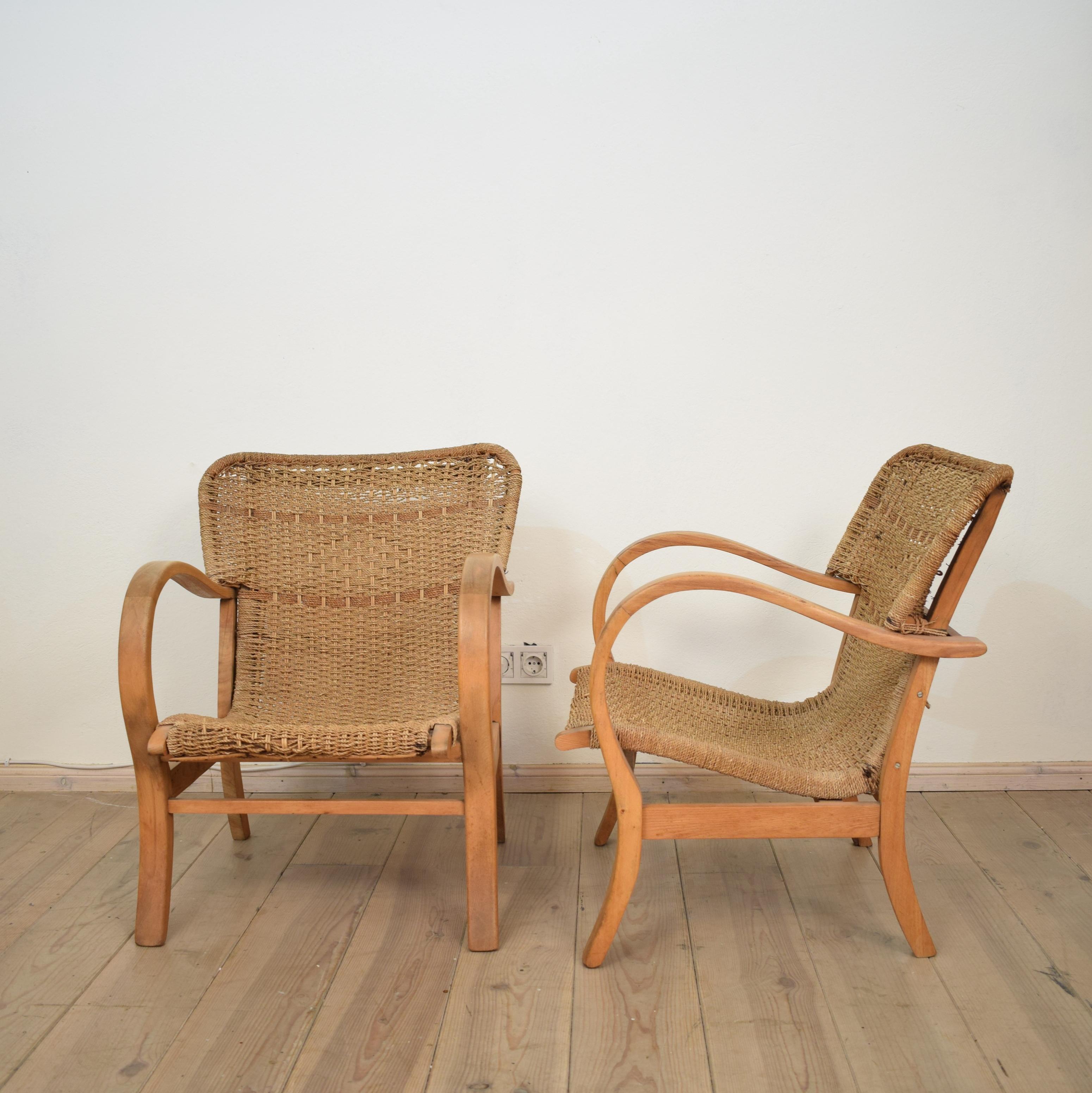 Pair of 1920 Bauhaus Beech and Woven Rope / Cane Armchairs by Erich Dieckmann In Good Condition In Berlin, DE