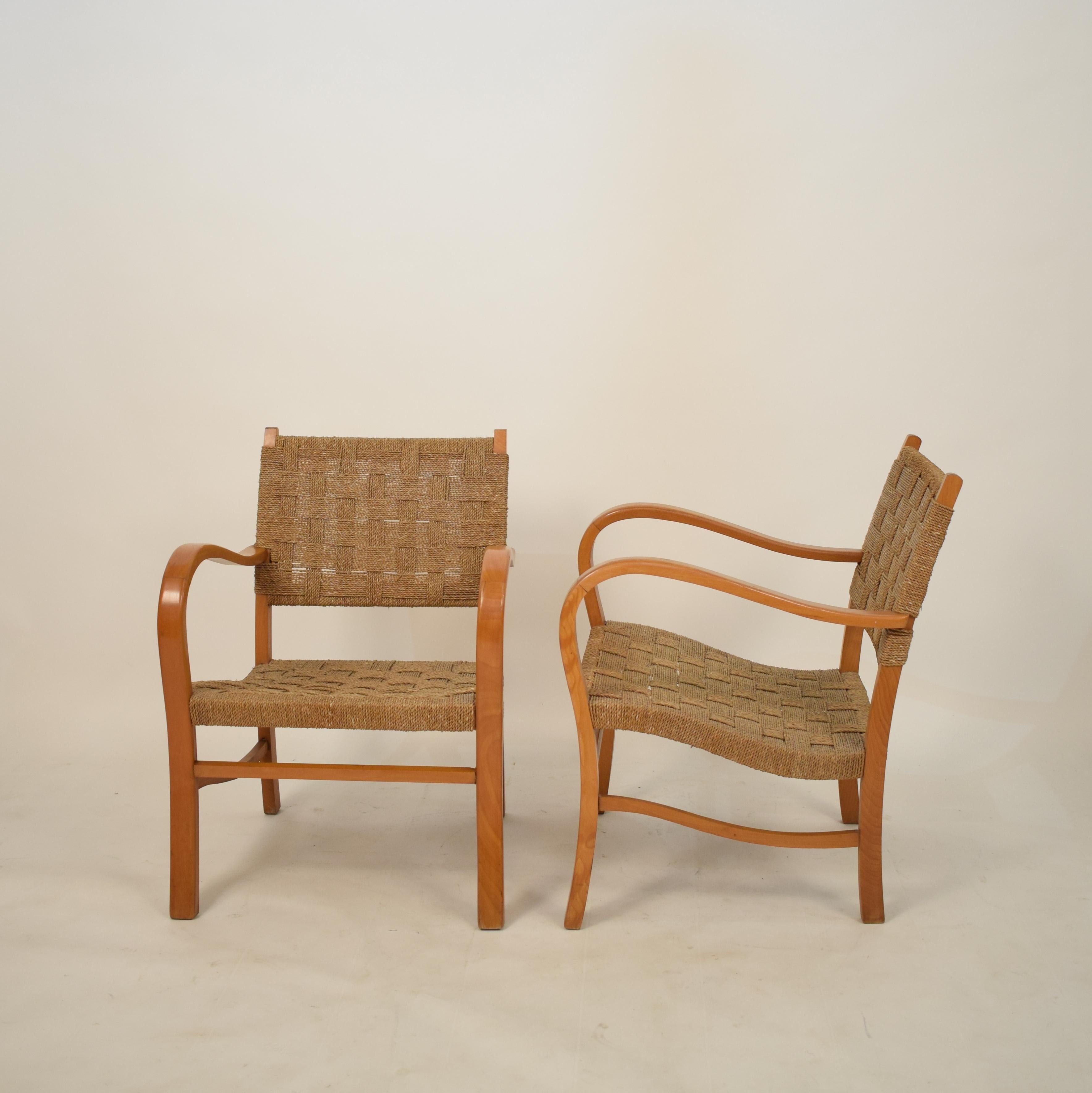 Mid-20th Century Pair of 1920 Bauhaus Beech and Woven Rope / Cane Armchairs by Erich Dieckmann