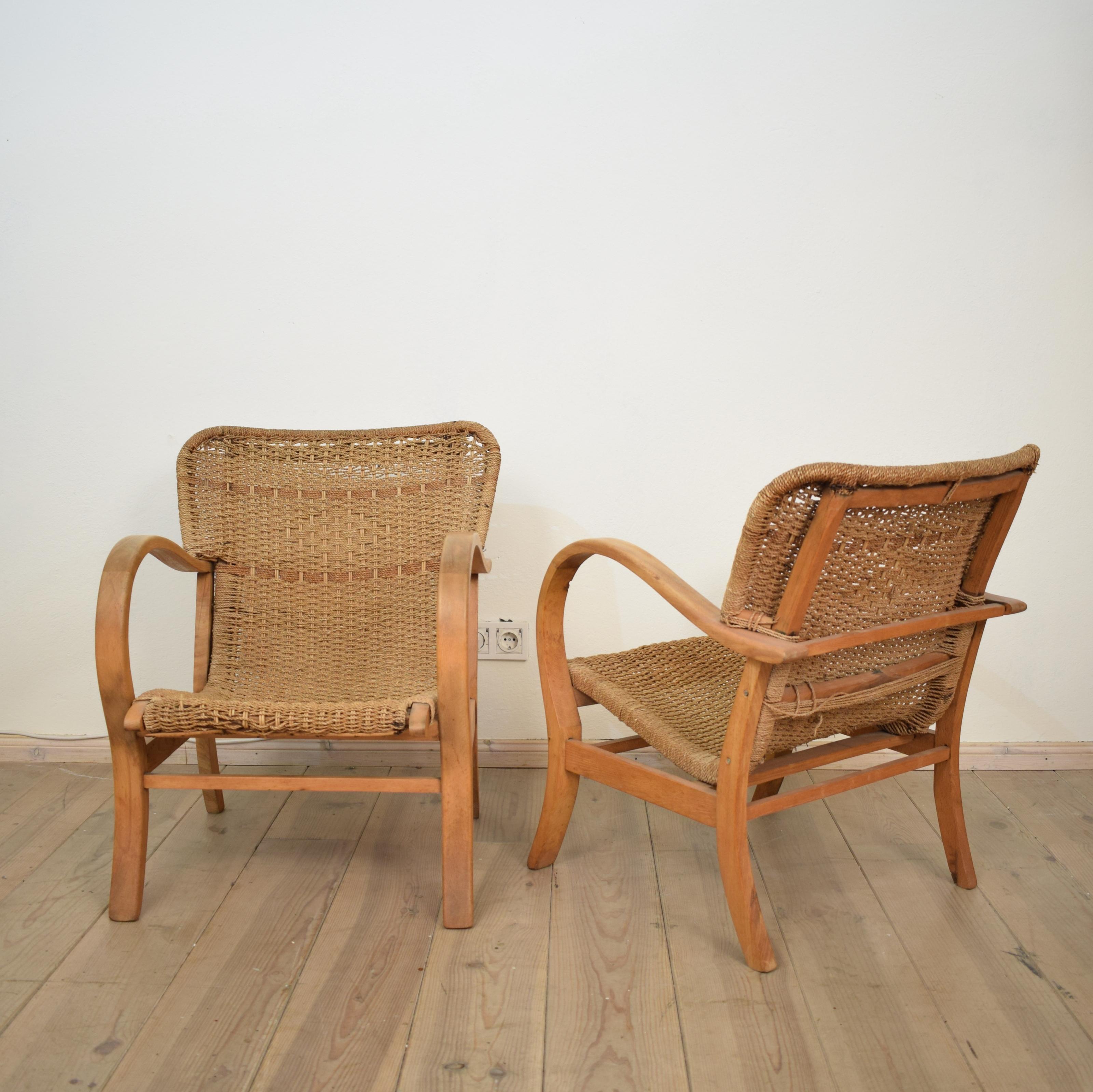 Pair of 1920 Bauhaus Beech and Woven Rope / Cane Armchairs by Erich Dieckmann 1
