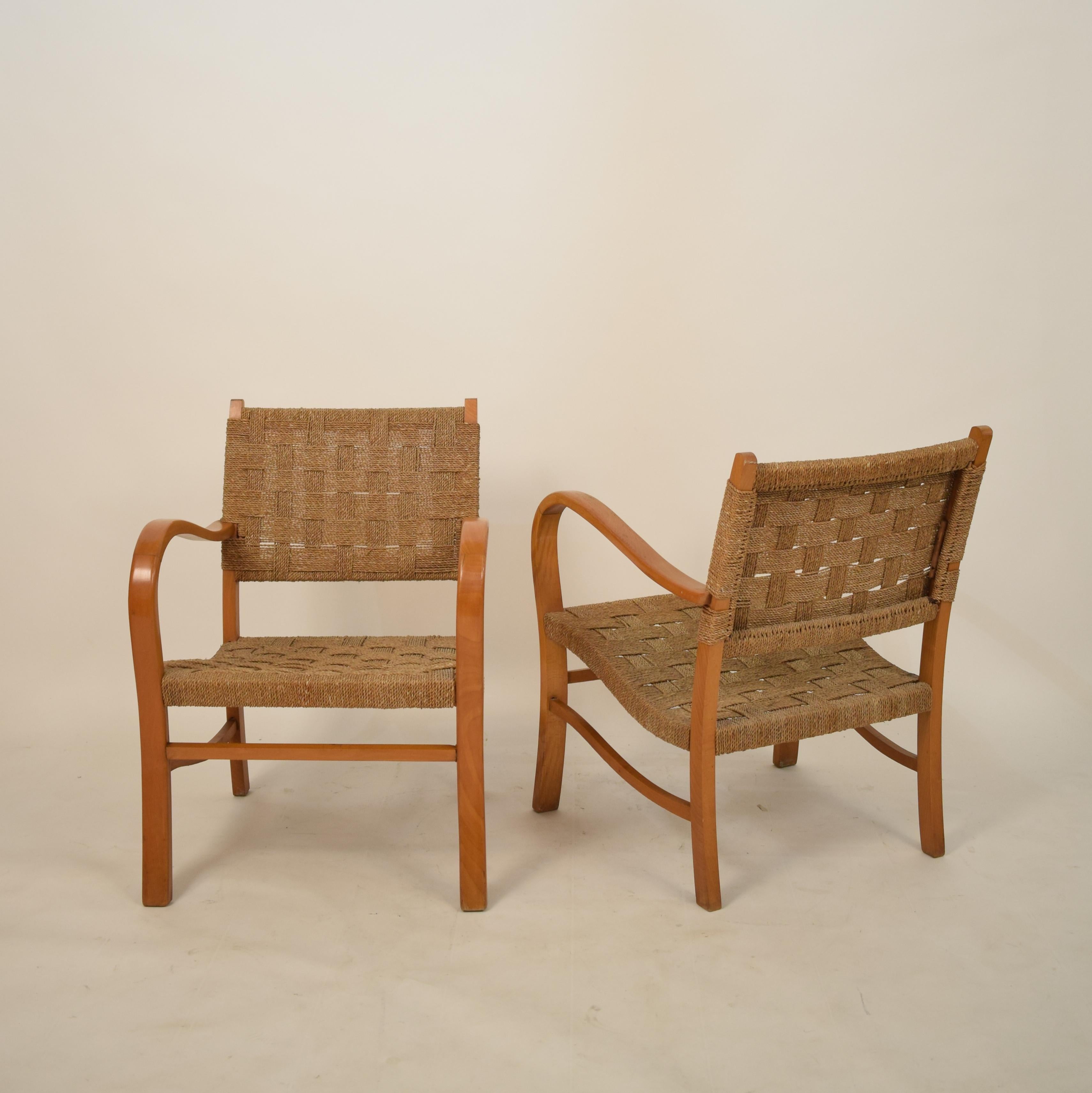 Pair of 1920 Bauhaus Beech and Woven Rope / Cane Armchairs by Erich Dieckmann 1