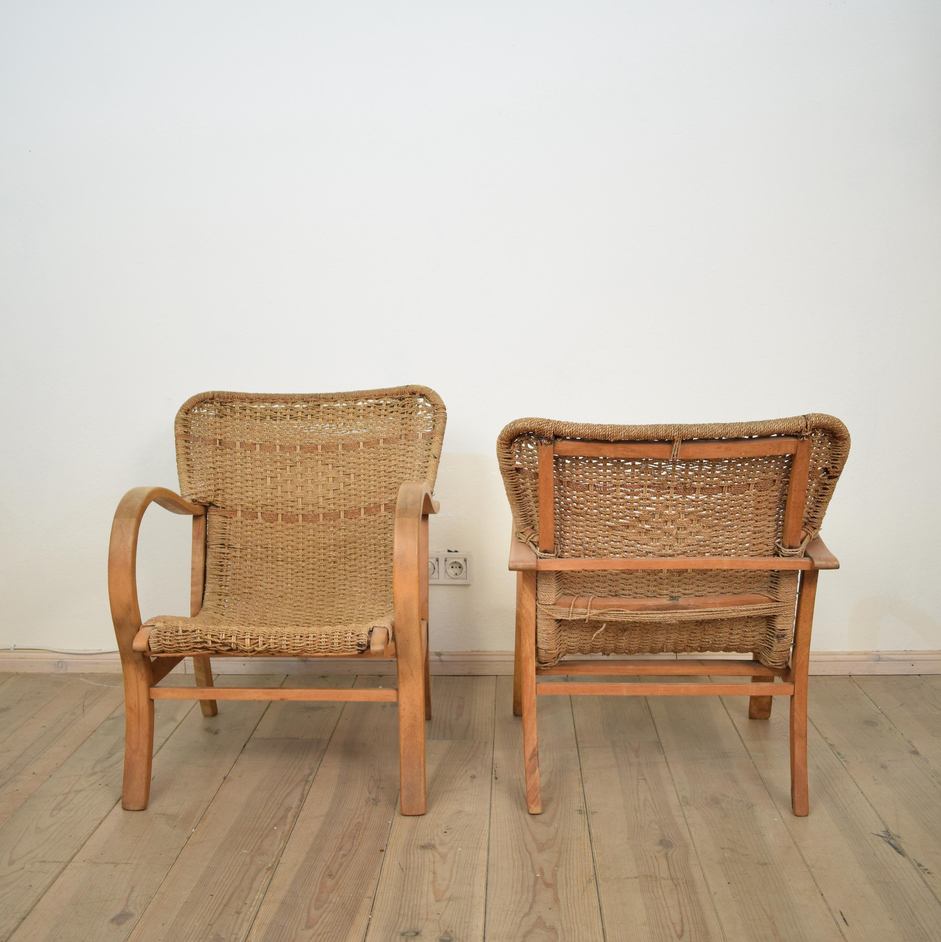 Ein Paar Bauhaus-Sessel aus Buche und geflochtenem Seil/Schilfrohr von Erich Dieckmann, 1920 1
