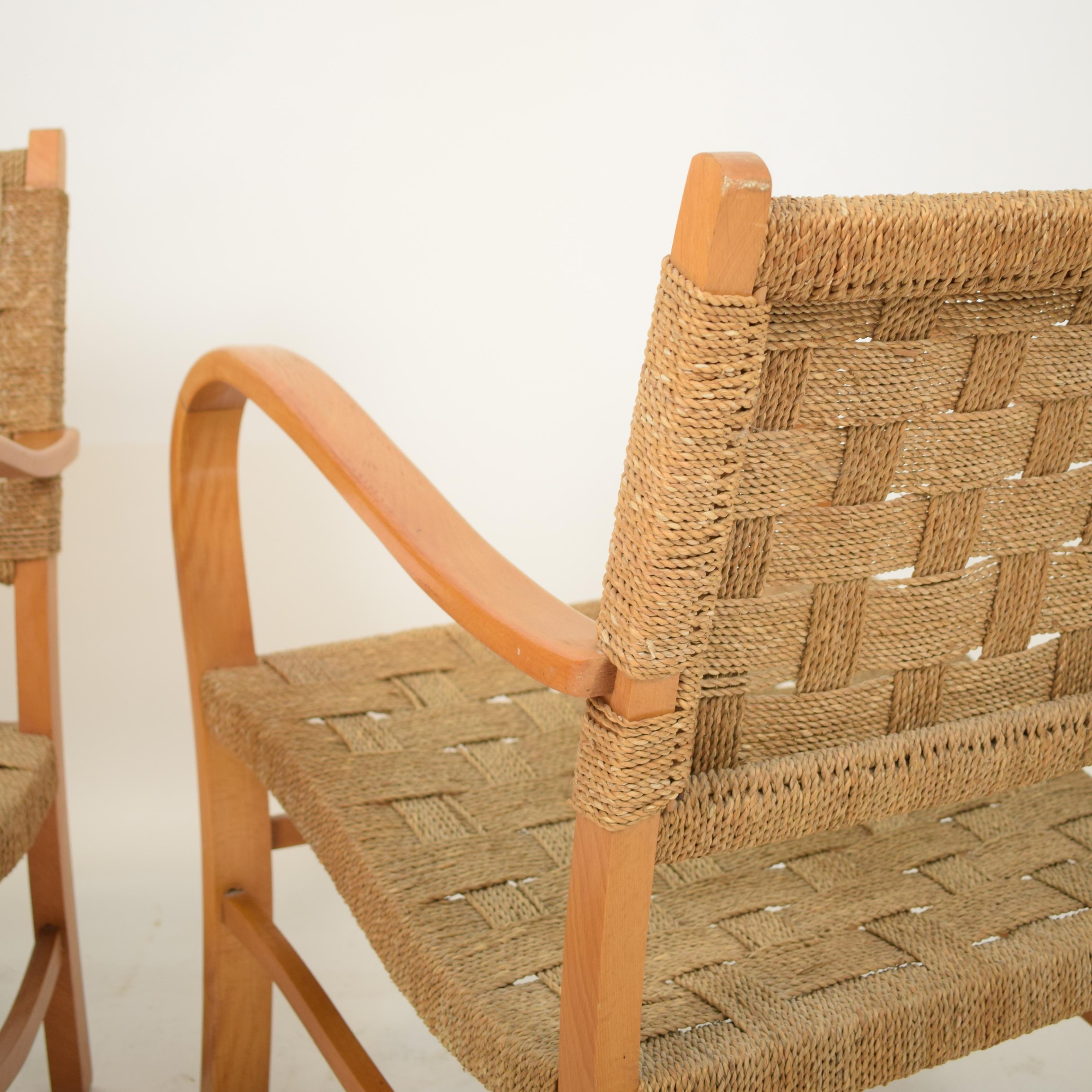 Pair of 1920 Bauhaus Beech and Woven Rope / Cane Armchairs by Erich Dieckmann 2