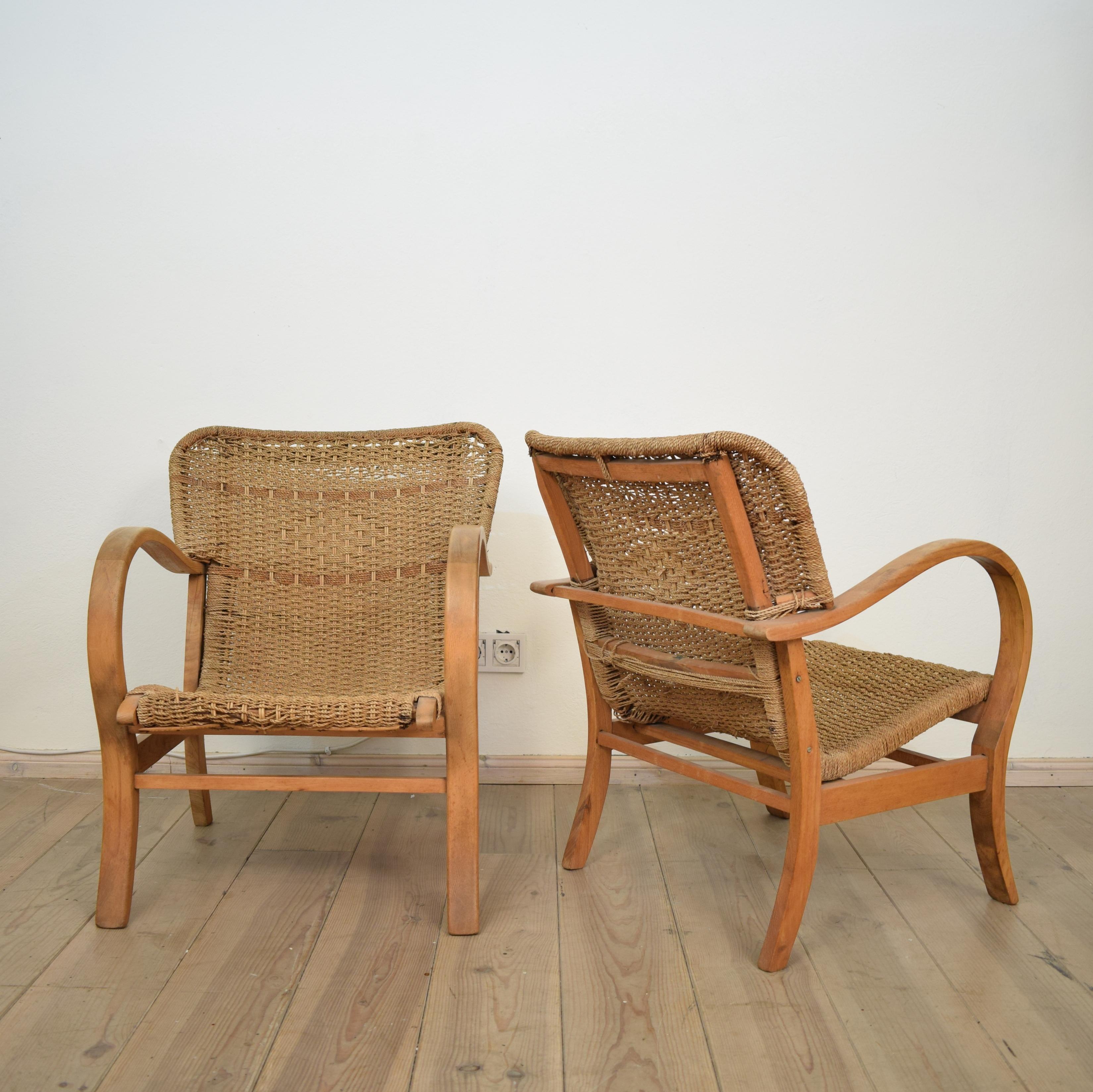 Pair of 1920 Bauhaus Beech and Woven Rope / Cane Armchairs by Erich Dieckmann 3