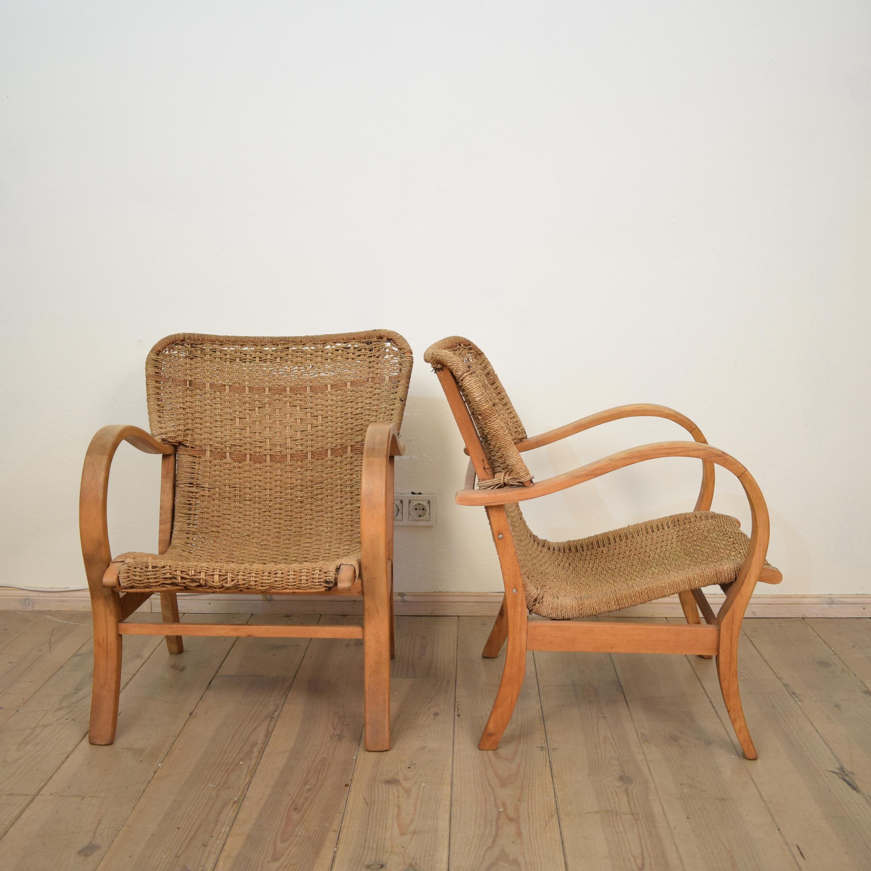 Pair of 1920 Bauhaus Beech and Woven Rope / Cane Armchairs by Erich Dieckmann 4