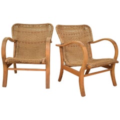 Pair of 1920 Bauhaus Beech and Woven Rope / Cane Armchairs by Erich Dieckmann
