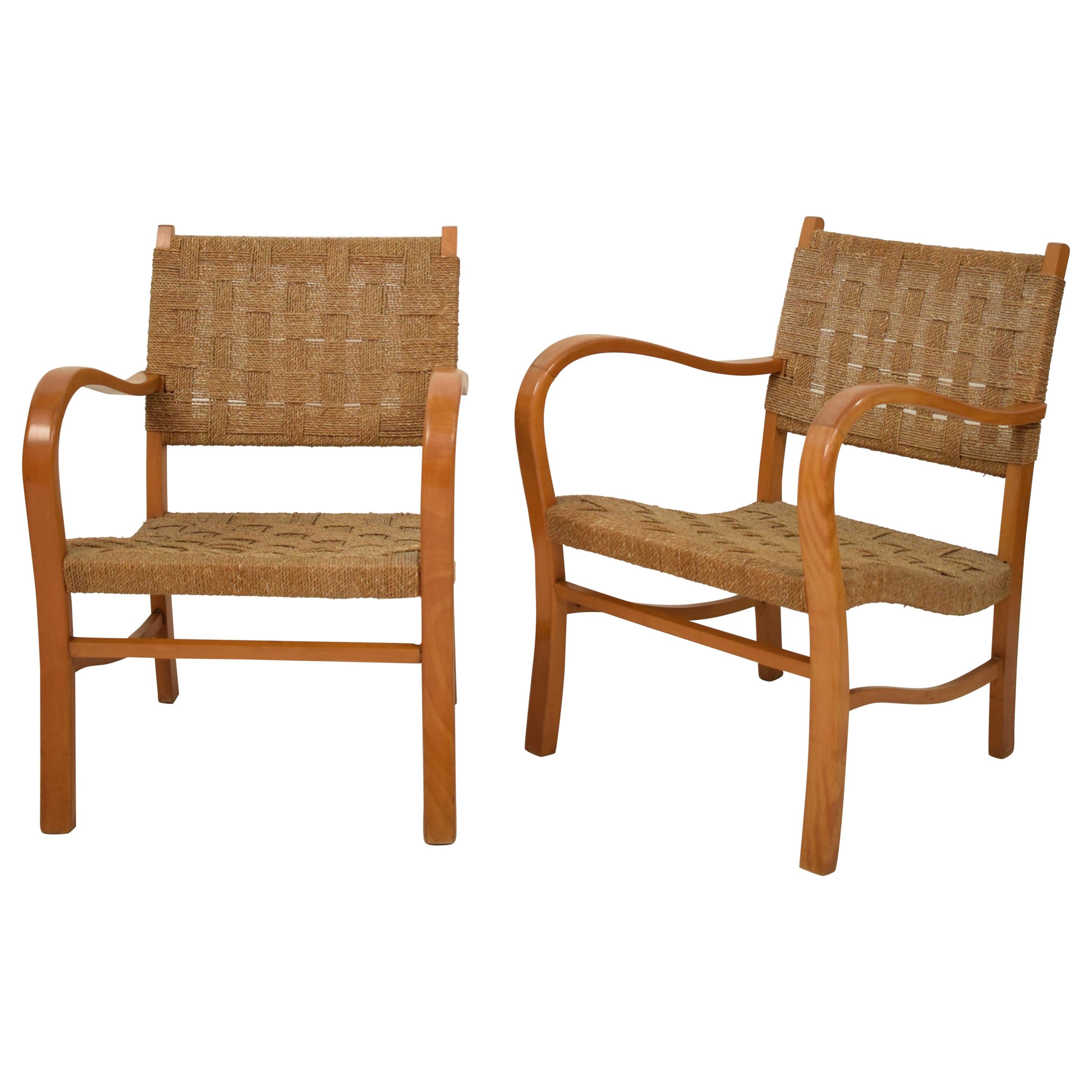 Pair of 1920 Bauhaus Beech and Woven Rope / Cane Armchairs by Erich Dieckmann