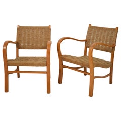 Vintage Pair of 1920 Bauhaus Beech and Woven Rope / Cane Armchairs by Erich Dieckmann