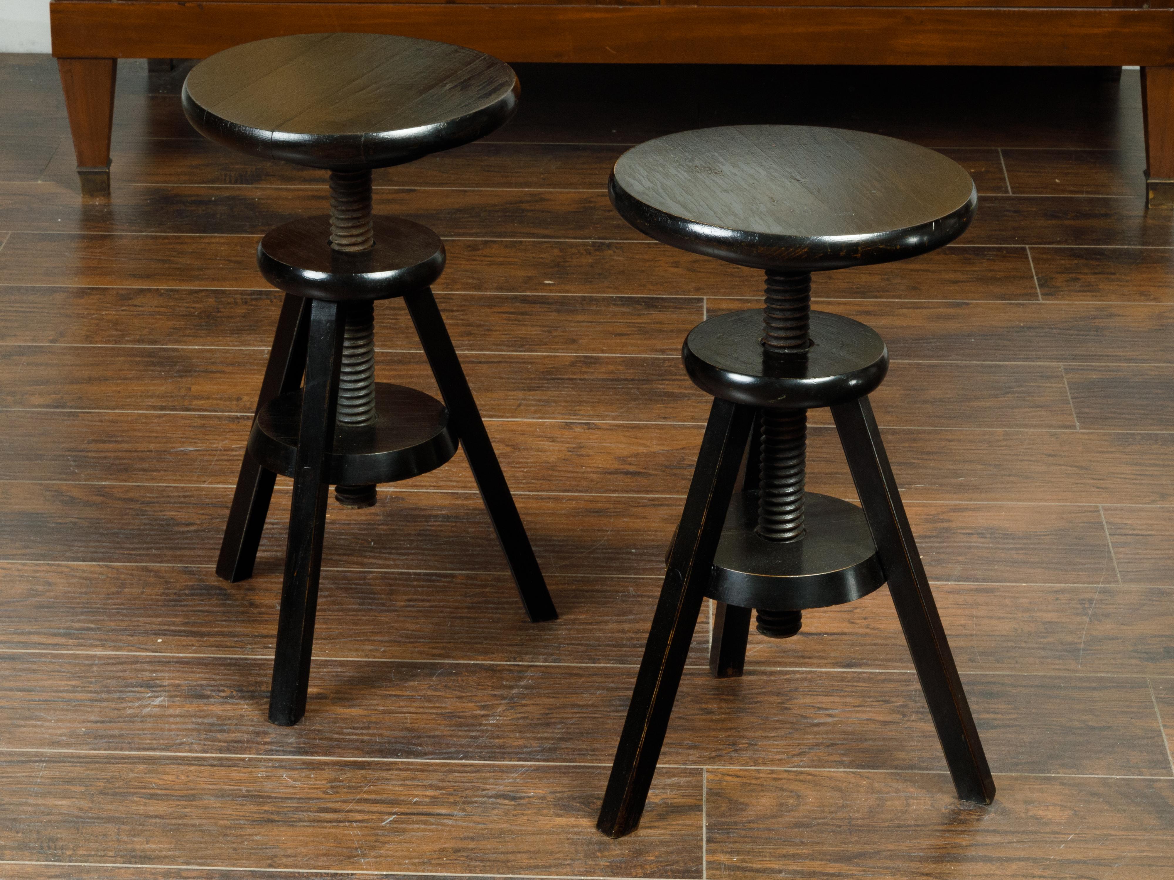 Painted Pair of 1920s American Adjustable Artist's Stools with Black Finish For Sale