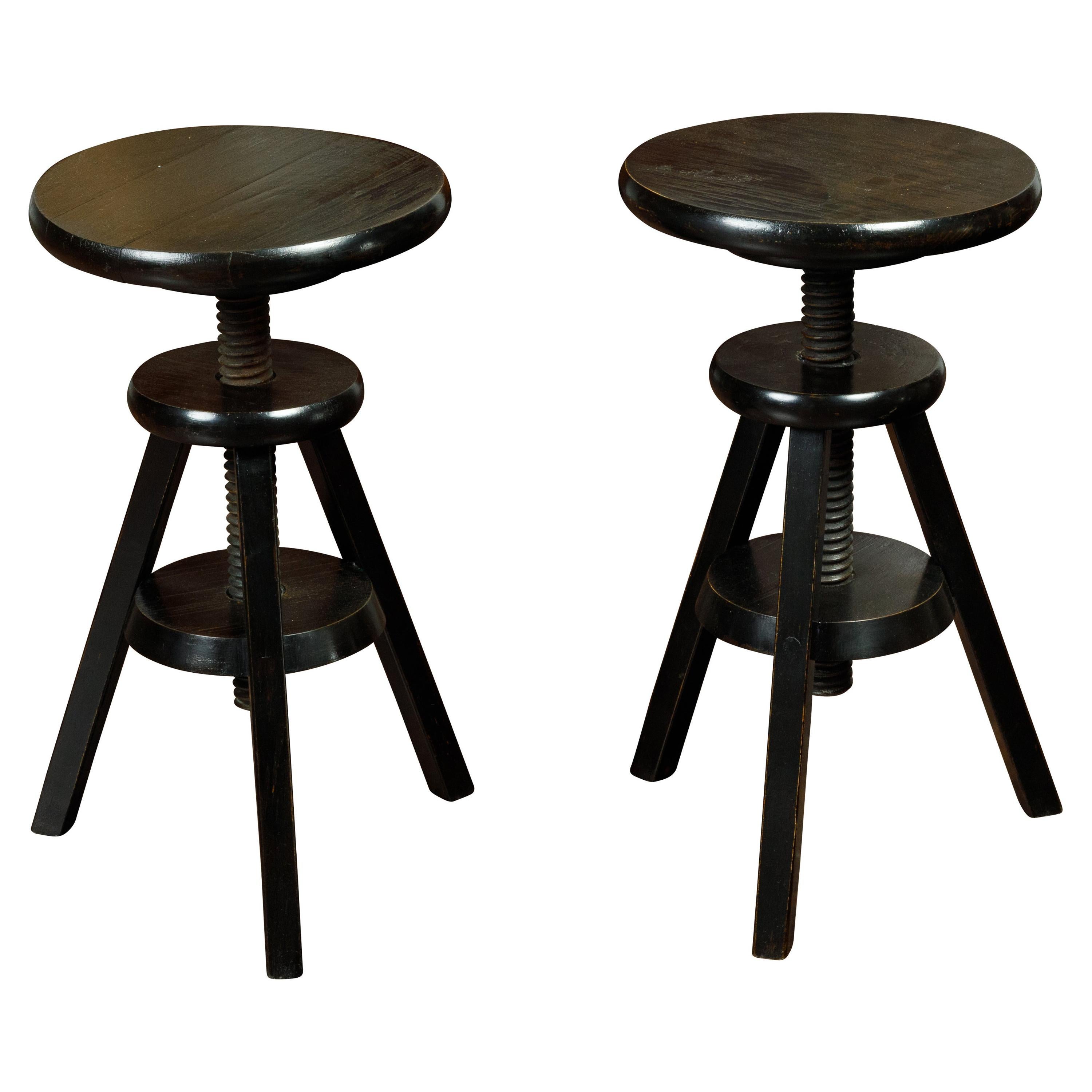 Pair of 1920s American Adjustable Artist's Stools with Black Finish