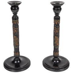 Pair of 1920s Antique Hand Carved and Painted Wood Candlesticks with Asian Motif