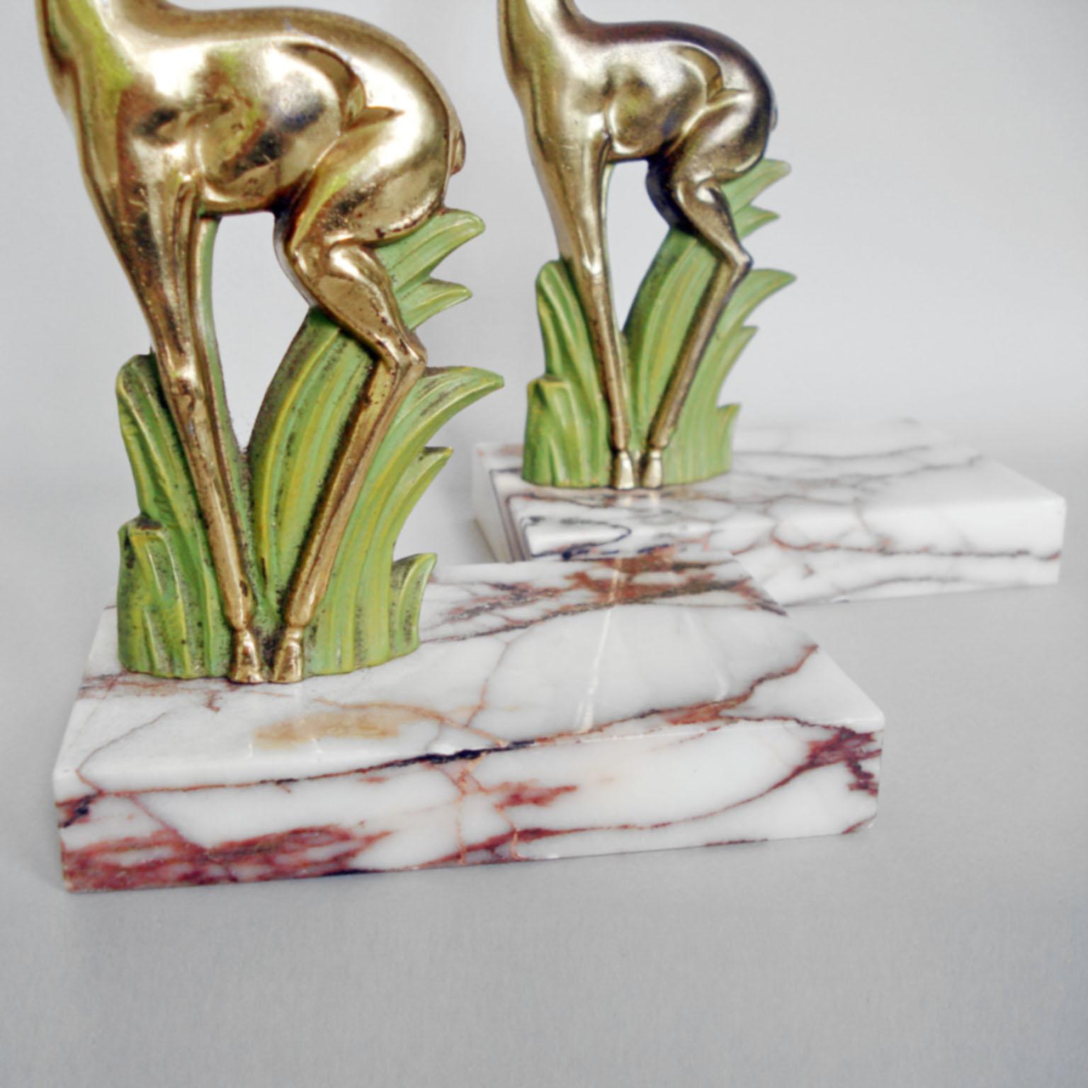 Art Deco Pair Antelope Bookends, Gilt Metal and Marble, France, 1920s 6