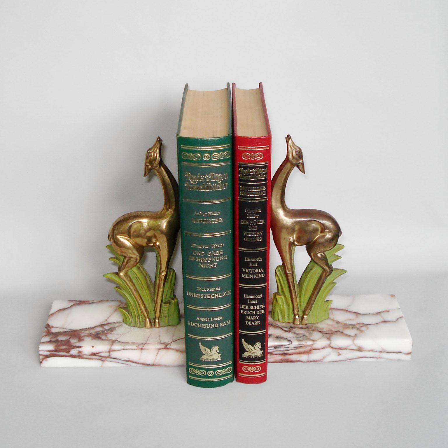 Art Deco Pair Antelope Bookends, Gilt Metal and Marble, France, 1920s 8