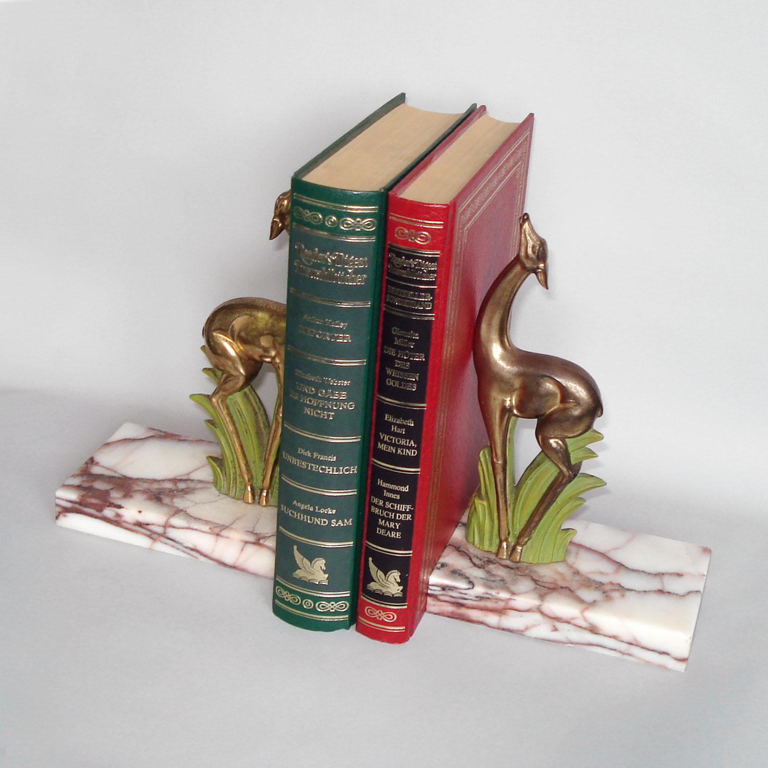 French Art Deco Pair Antelope Bookends, Gilt Metal and Marble, France, 1920s