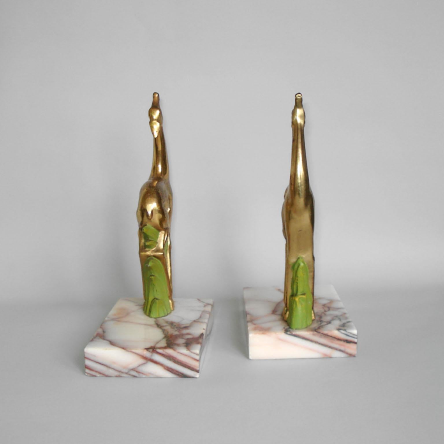 Art Deco Pair Antelope Bookends, Gilt Metal and Marble, France, 1920s 2