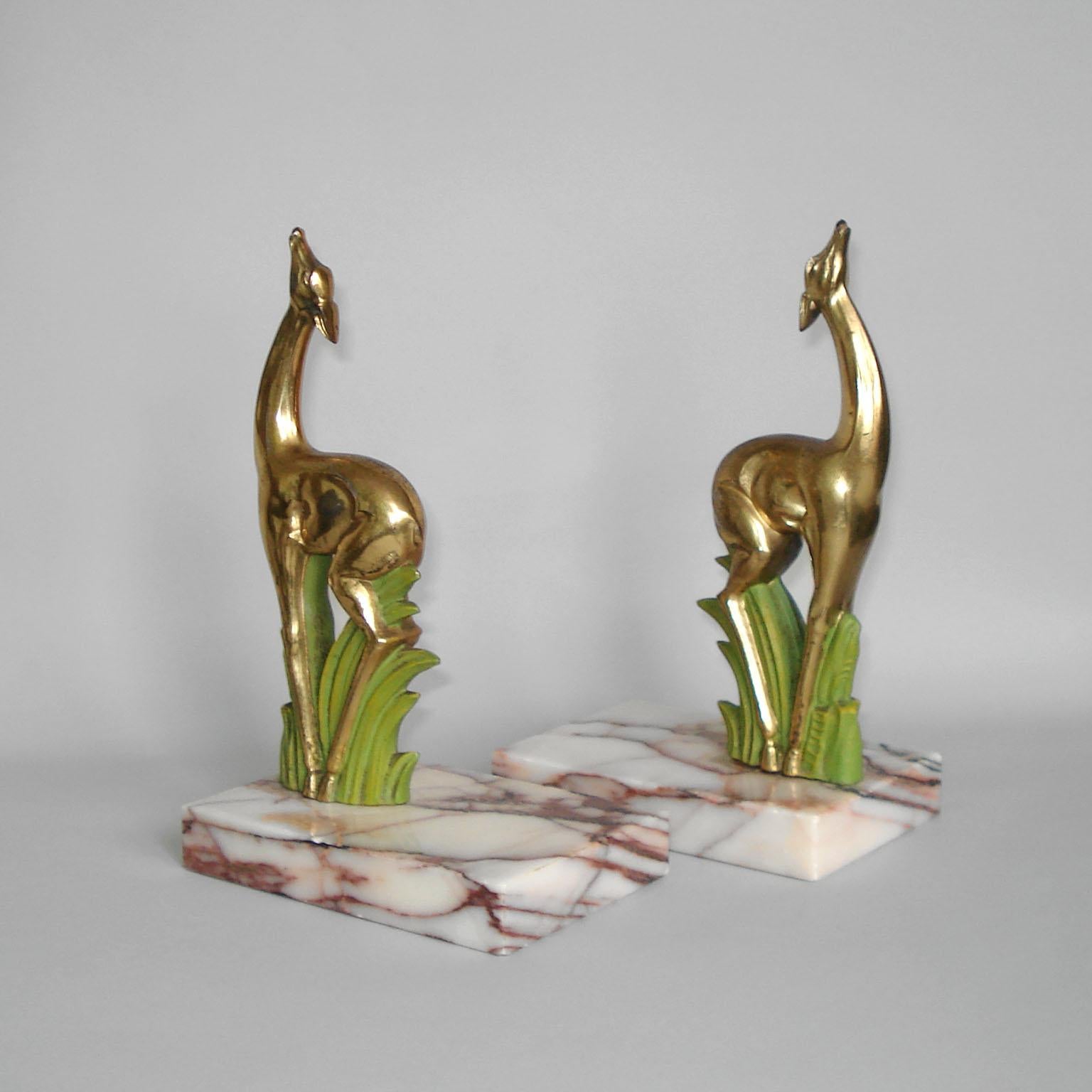 Art Deco Pair Antelope Bookends, Gilt Metal and Marble, France, 1920s 3