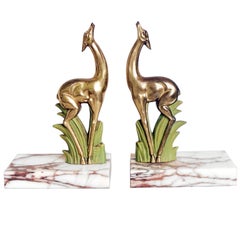 Art Deco Pair Antelope Bookends, Gilt Metal and Marble, France, 1920s