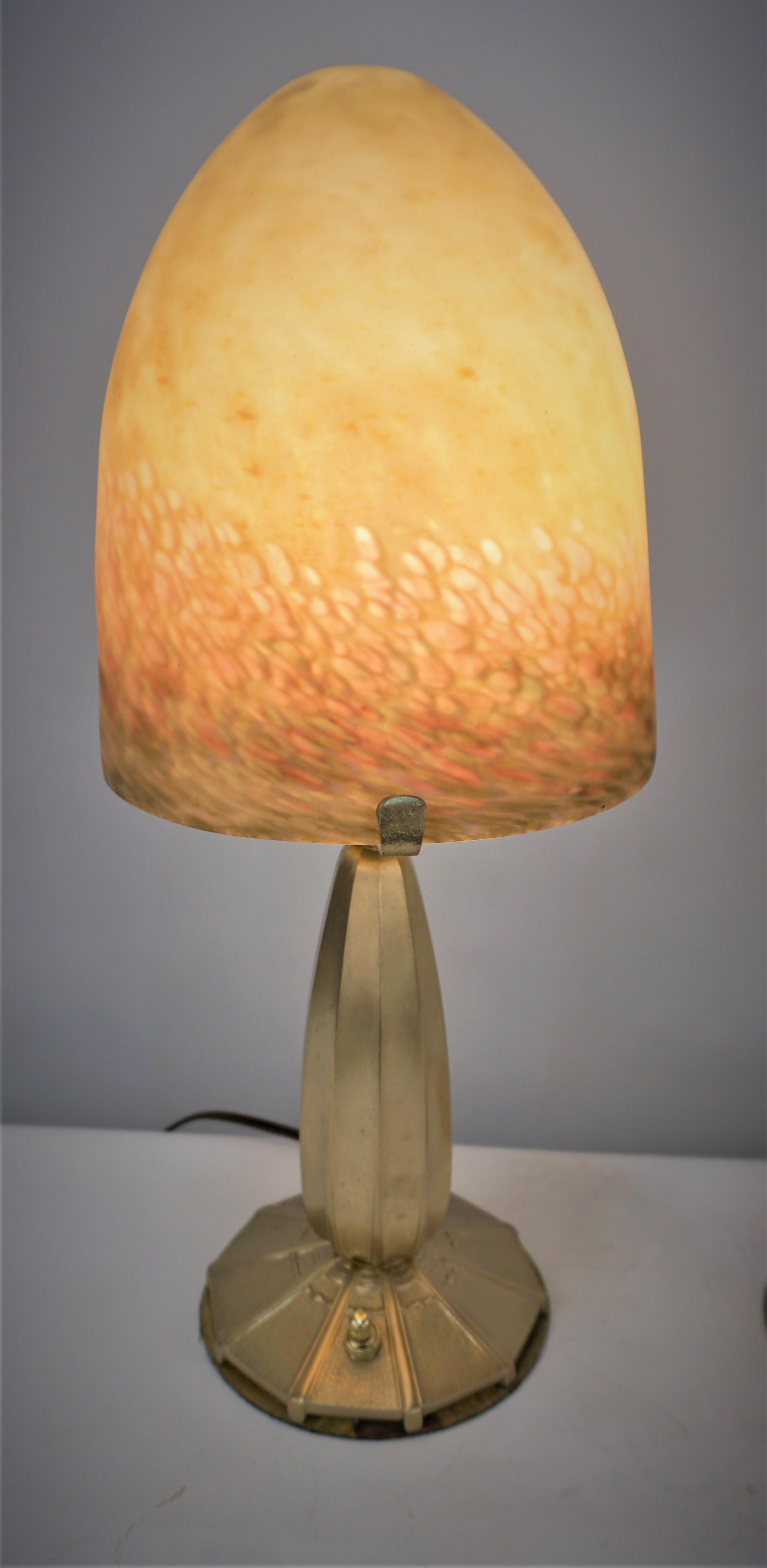 Pair of multi color blown art glass lamps with bronze base.
I strongly believe is made by Charles Schneider but there is no making.