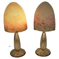 Pair of 1920's Art Deco Blown Art Glass and Bronze Base Table Lamp