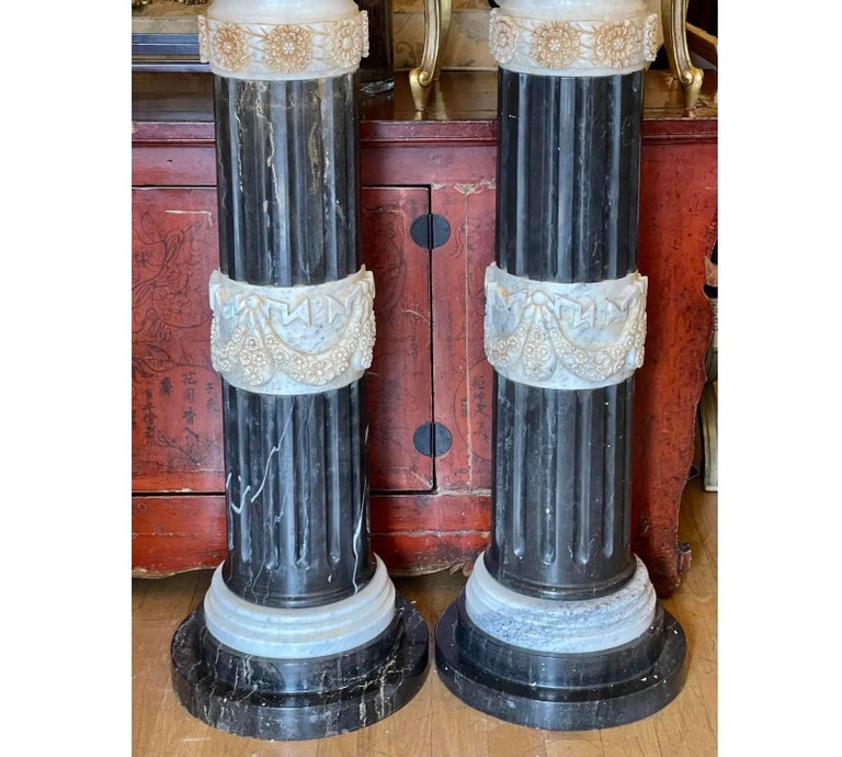 Pair of 1920’s Art Deco Carved Italian Marble Column Pedestals For Sale ...