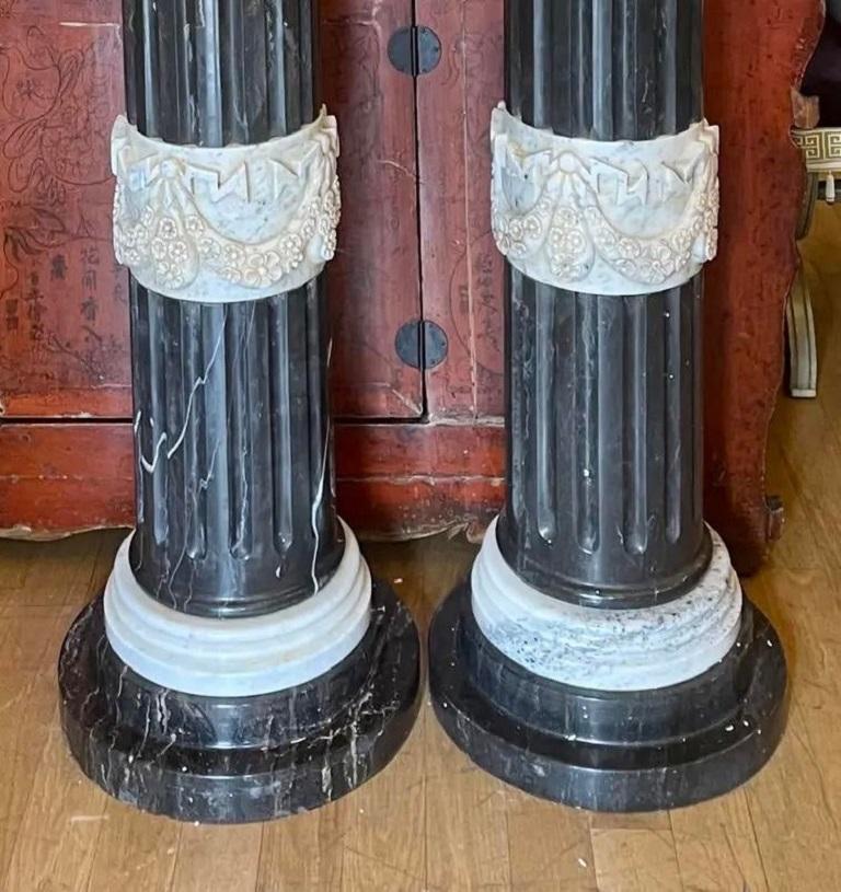 Pair of 1920’s Art Deco Carved Italian Marble Column Pedestals In Good Condition For Sale In LOS ANGELES, CA