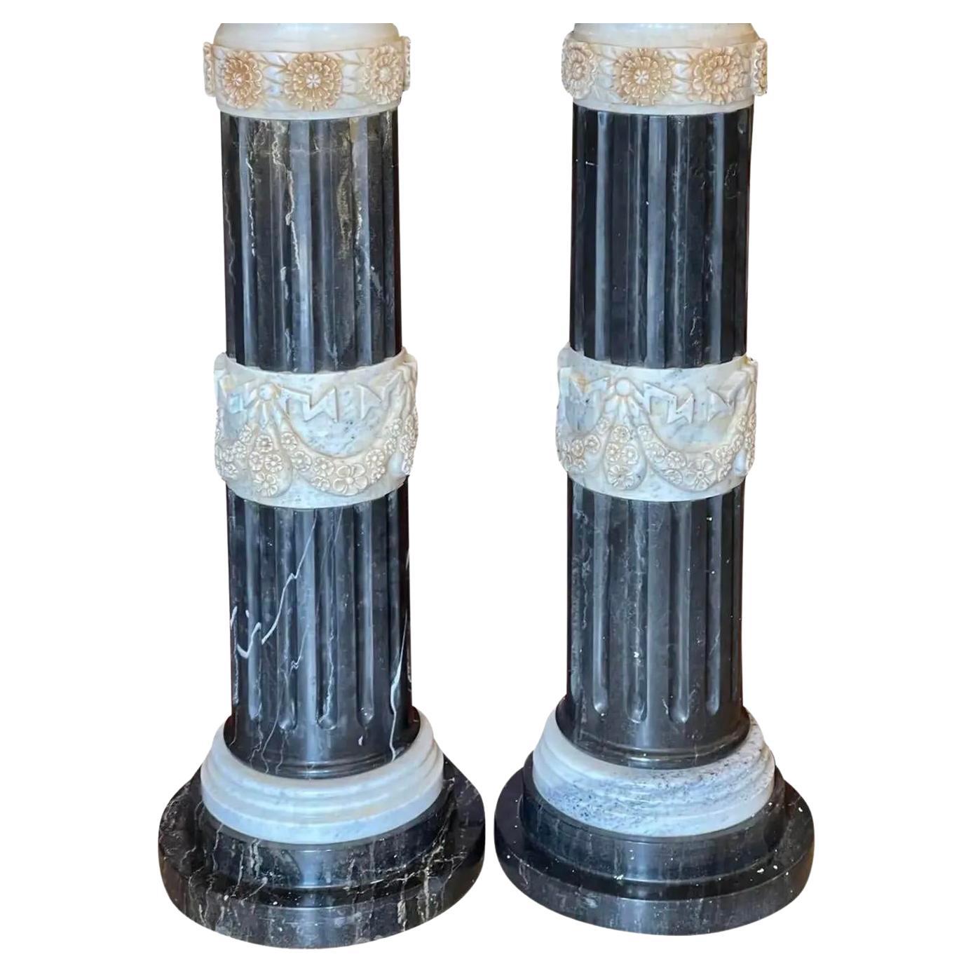 Pair of 1920’s Art Deco Carved Italian Marble Column Pedestals For Sale