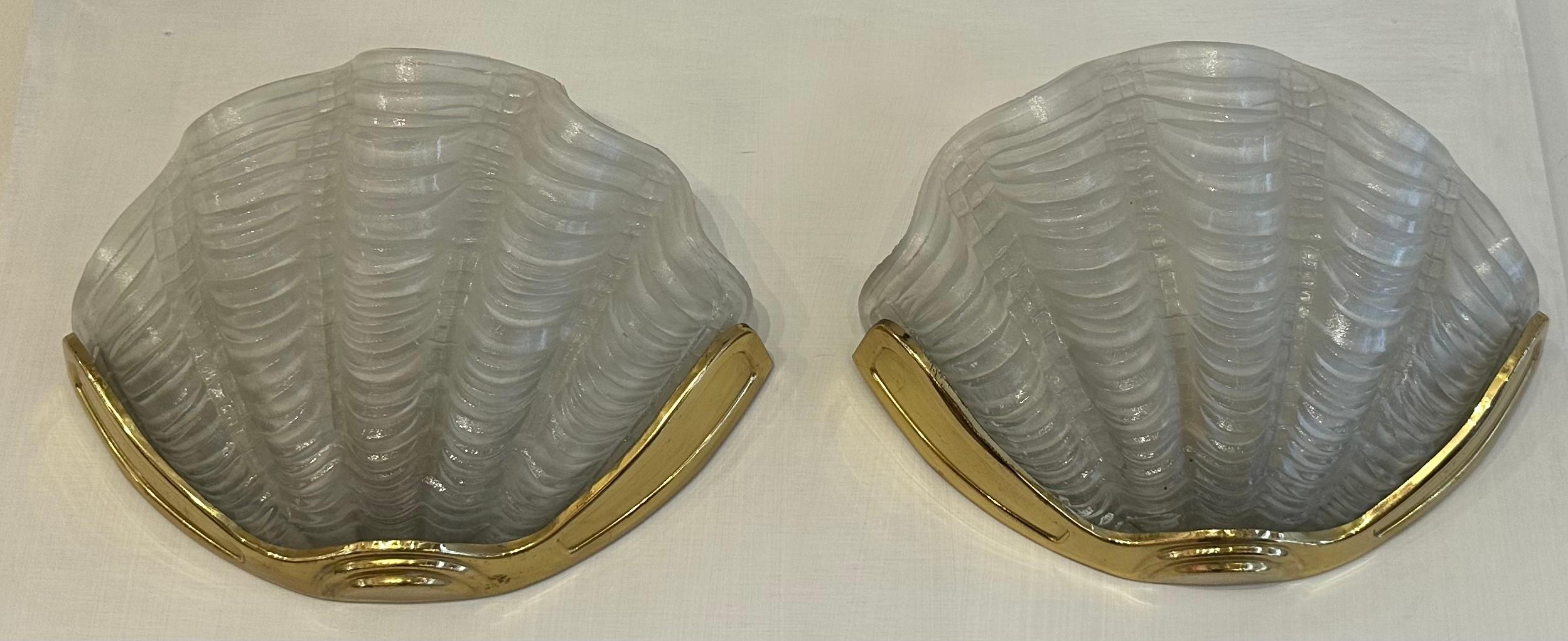 Pair of 1920s Art Deco Frosted Glass Clam & Brass Shell Wall Lights or Sconces 4
