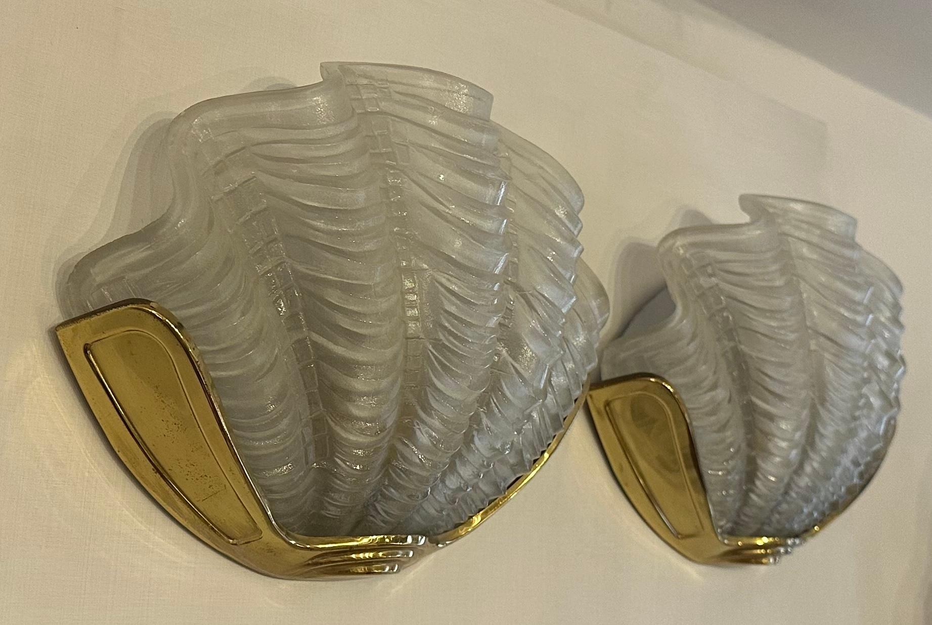 Pair of 1920s Art Deco Frosted Glass Clam & Brass Shell Wall Lights or Sconces 5