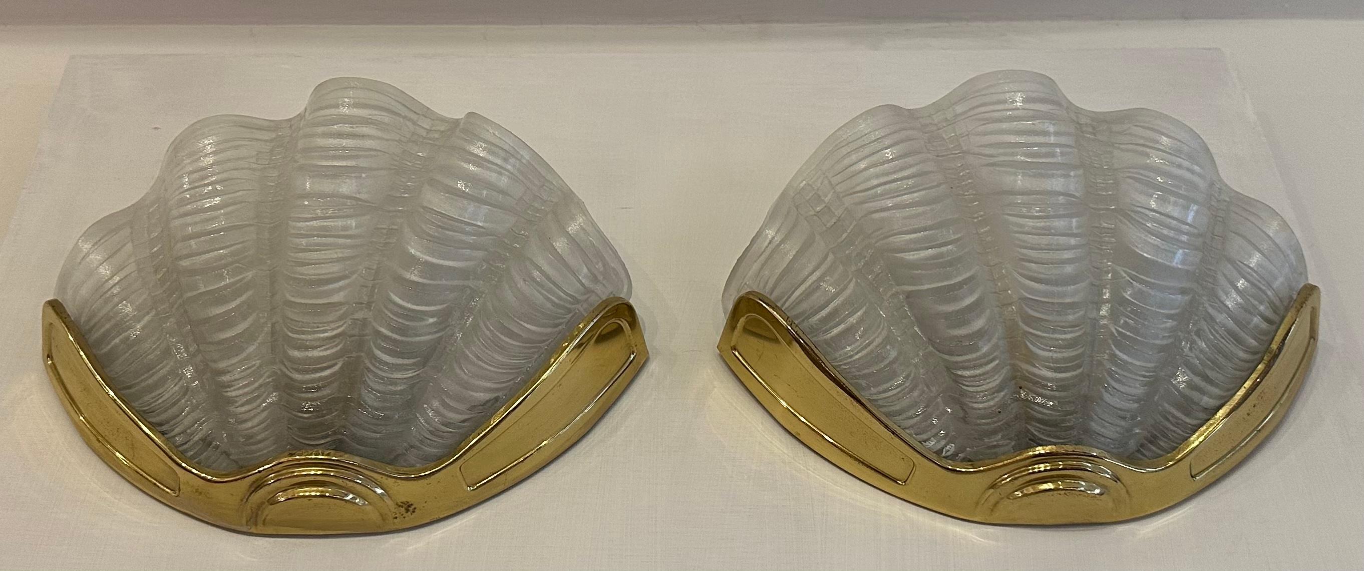 Pair of 1920s Art Deco Frosted Glass Clam & Brass Shell Wall Lights or Sconces 6