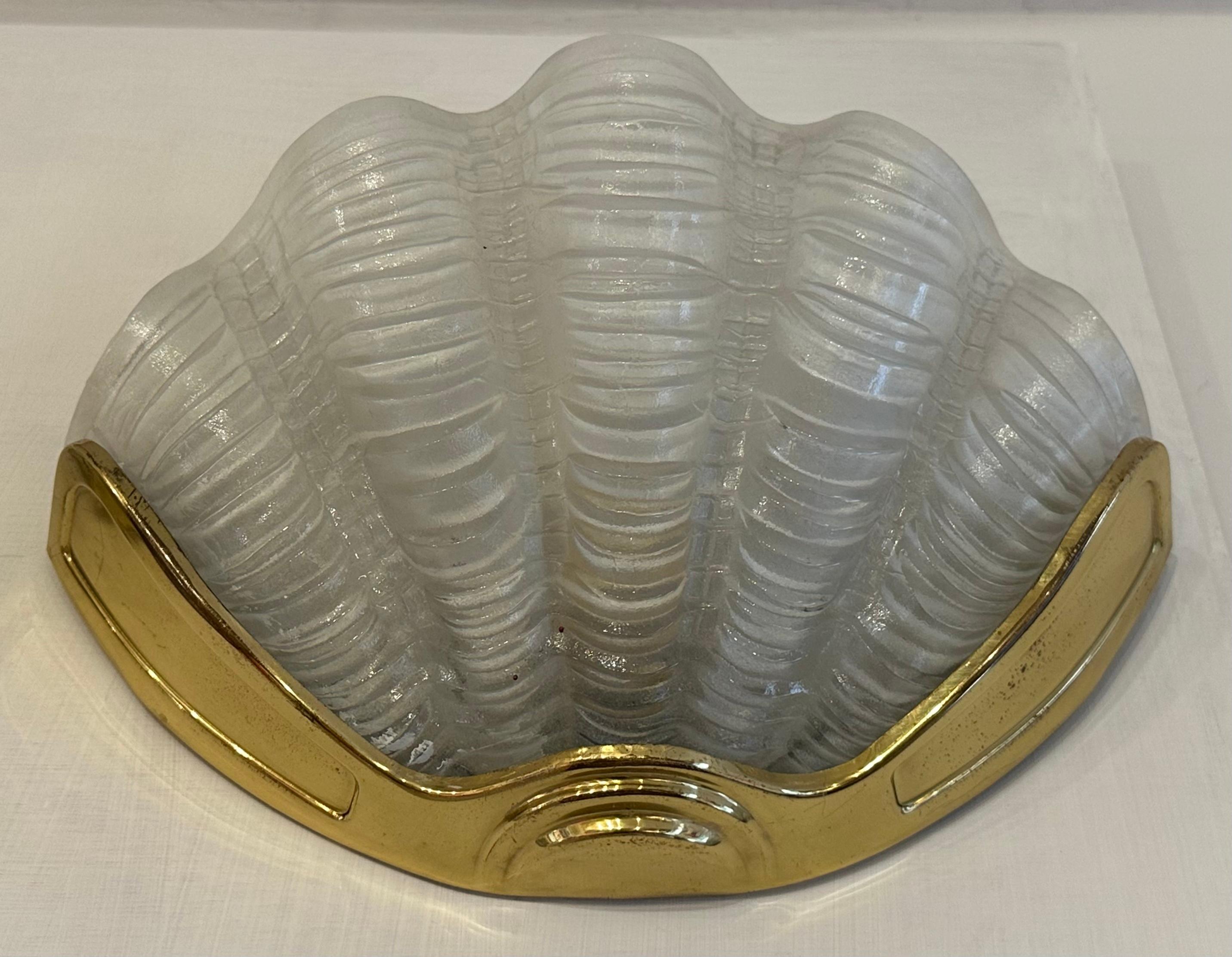 Pair of 1920s Art Deco Frosted Glass Clam & Brass Shell Wall Lights or Sconces 7